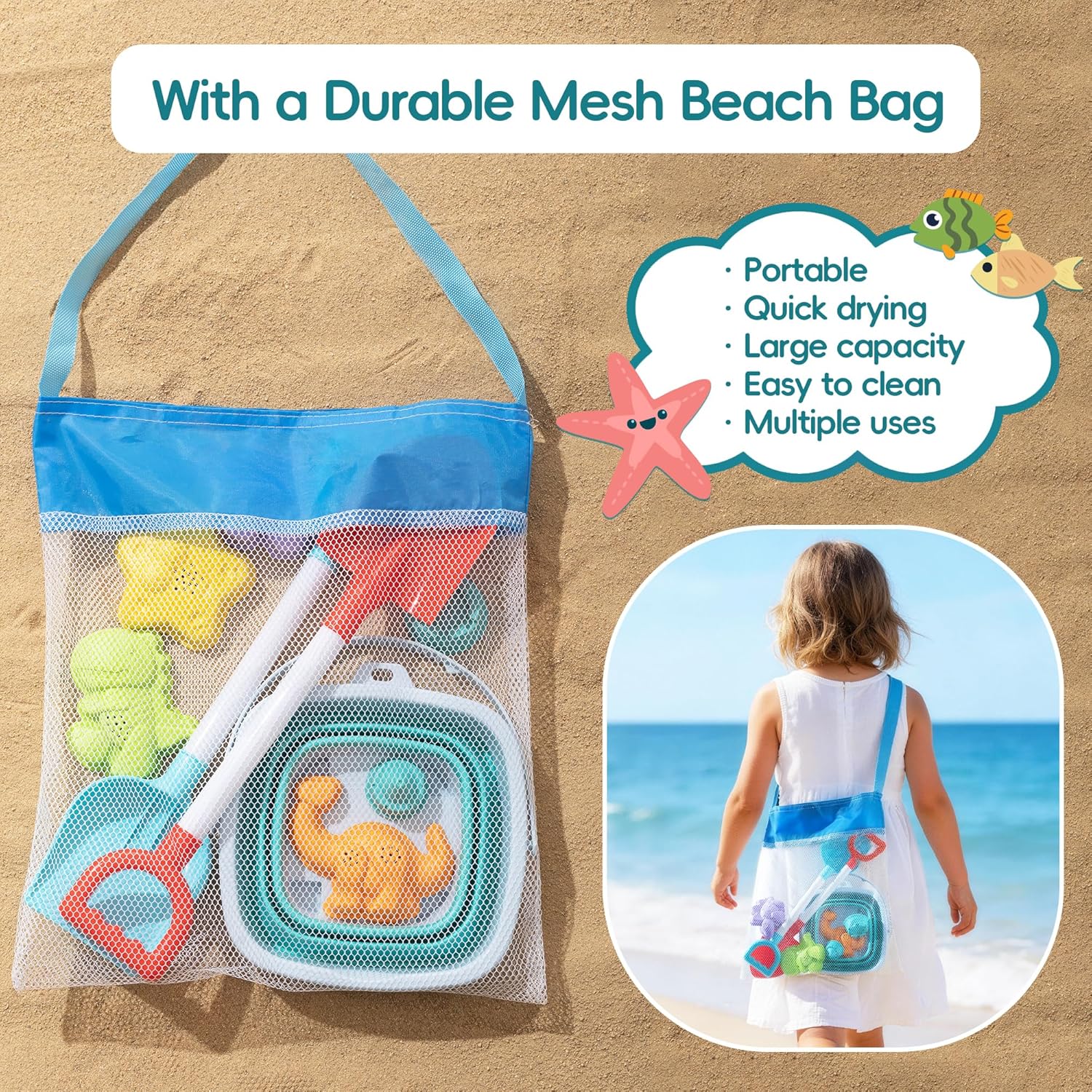 Sawaruita Beach Toys for Kids - Sand Toys Set Includes Collapsible Bucket Shovel and Mesh Bag 17 PCS, Toddlers Sandbox Toys Sandcastle Building Kit (Kids Beach Toy Set)