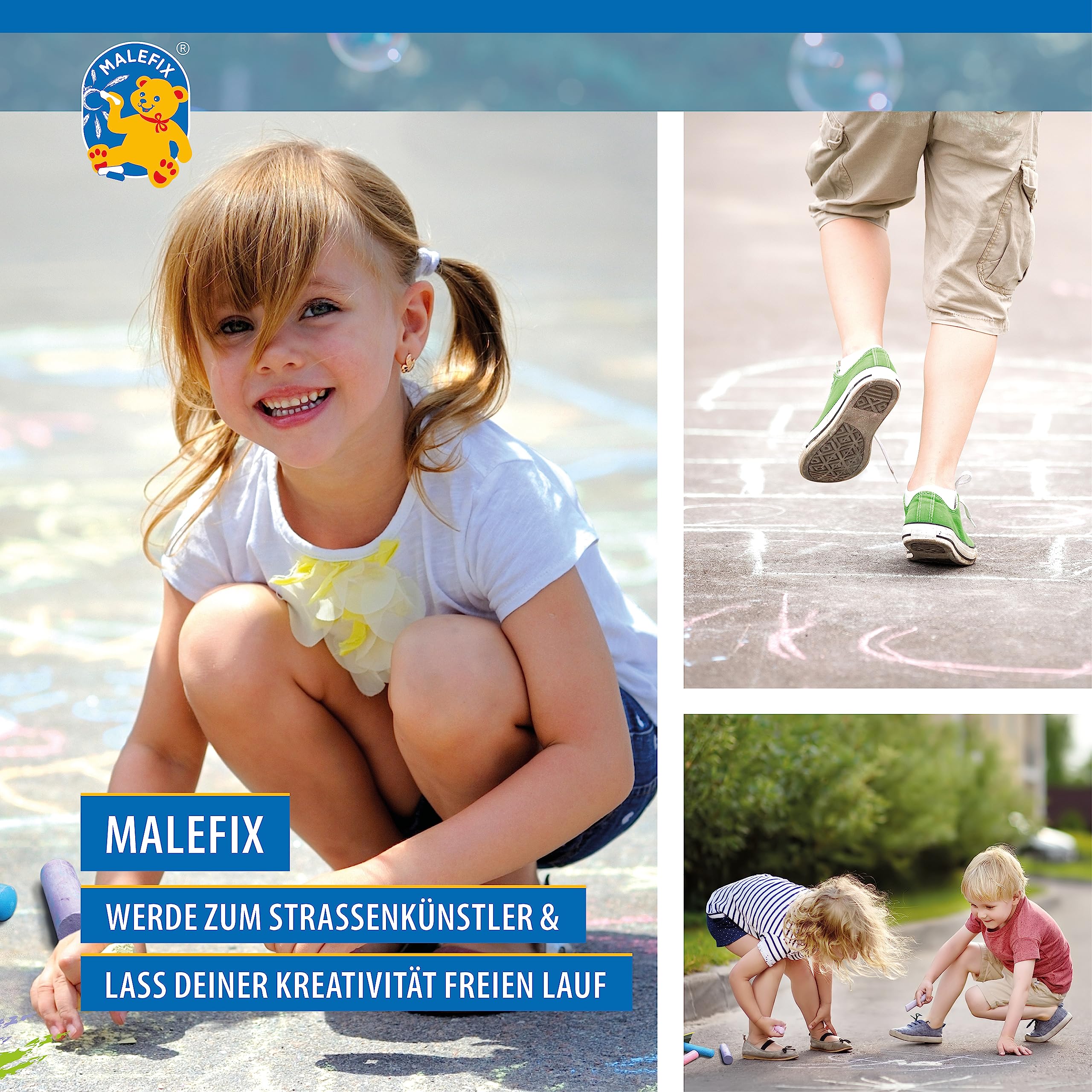 PUSTEFIX 45020003 kreda uliczna MALEFIX opakowanie 20 szt. kreda do malowania dla dzieci i dorosłych różnorodność kolorów świecąca i mocna kreda uliczna rozpuszczalna w wodzie i wysokiej jakości
