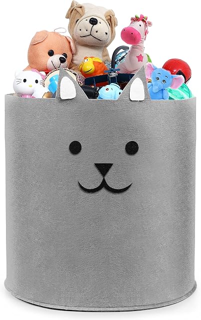Budding Bear Soft Toy Storage - 30L/8 Gallon Toddler & Baby Washing Basket Made of 100% Eco-Friendly, Recycled Felt Material - Large (35x35cm/14x14") Washable - For Nursery & Kids Bedrooms (Grey Cat)