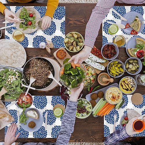 Miniatura 5 de Juego de 4 manteles individuales de flores azules, manteles individuales de PVC lavables, manteles individuales de vinilo tejido gris con hortensias