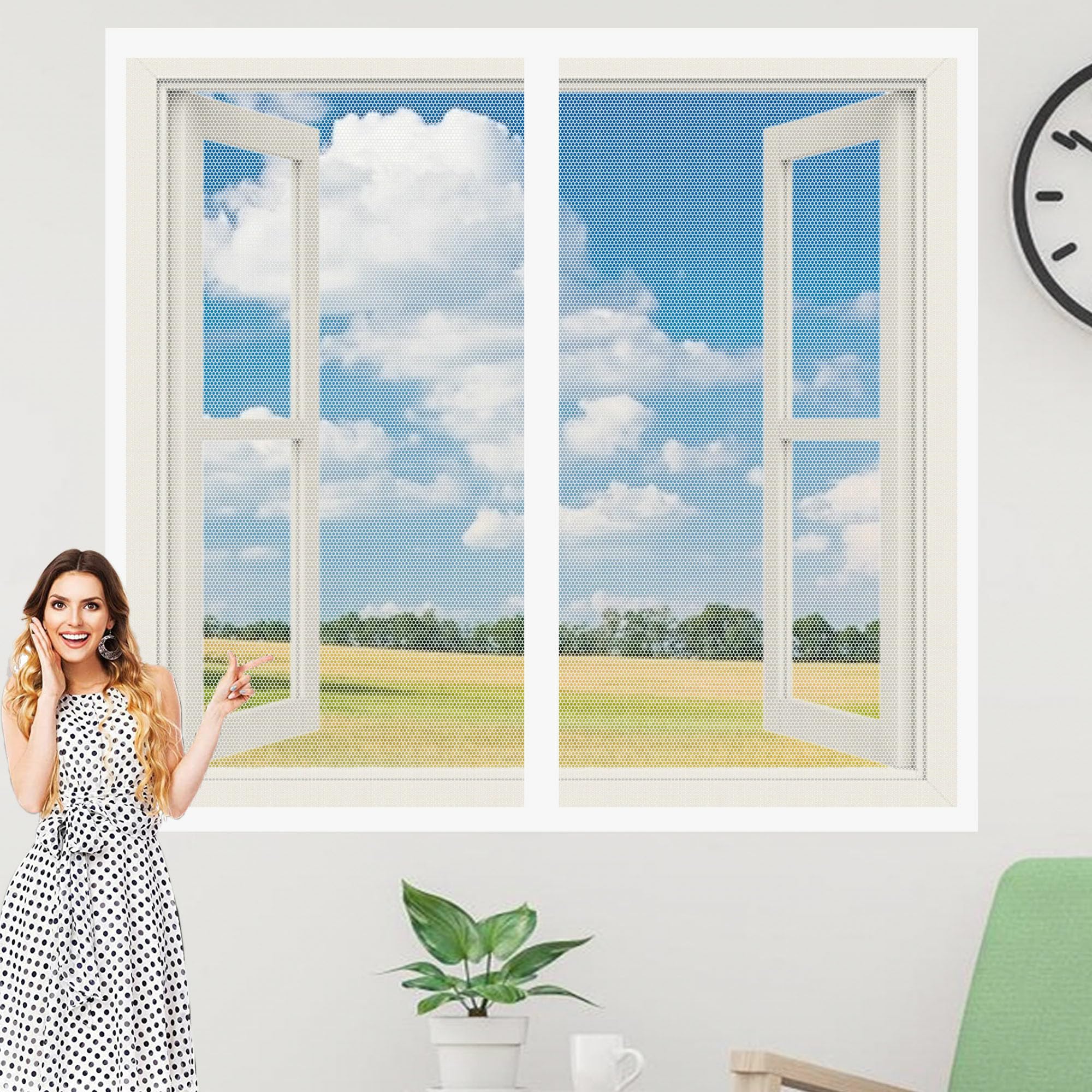 Window Fly Screen 110 x 150 cm Keep Fly Mosquito Out Bug Bee Protection Screen Excellent Ventilation While Blocking Bugs for Living Room Bedroom Offfice, White