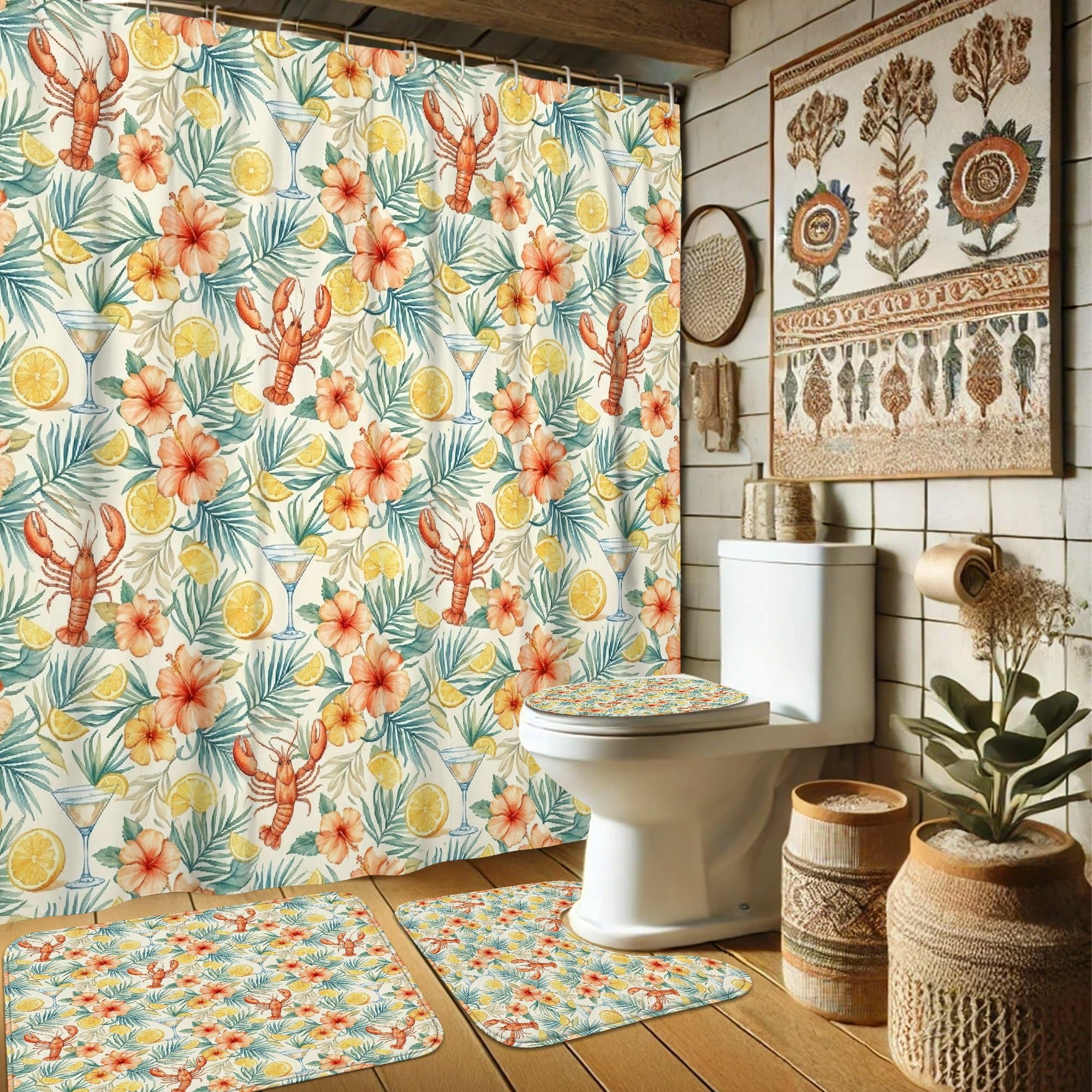 Rideau de douche homard et tapis pour une salle de bain esprit bord de mer