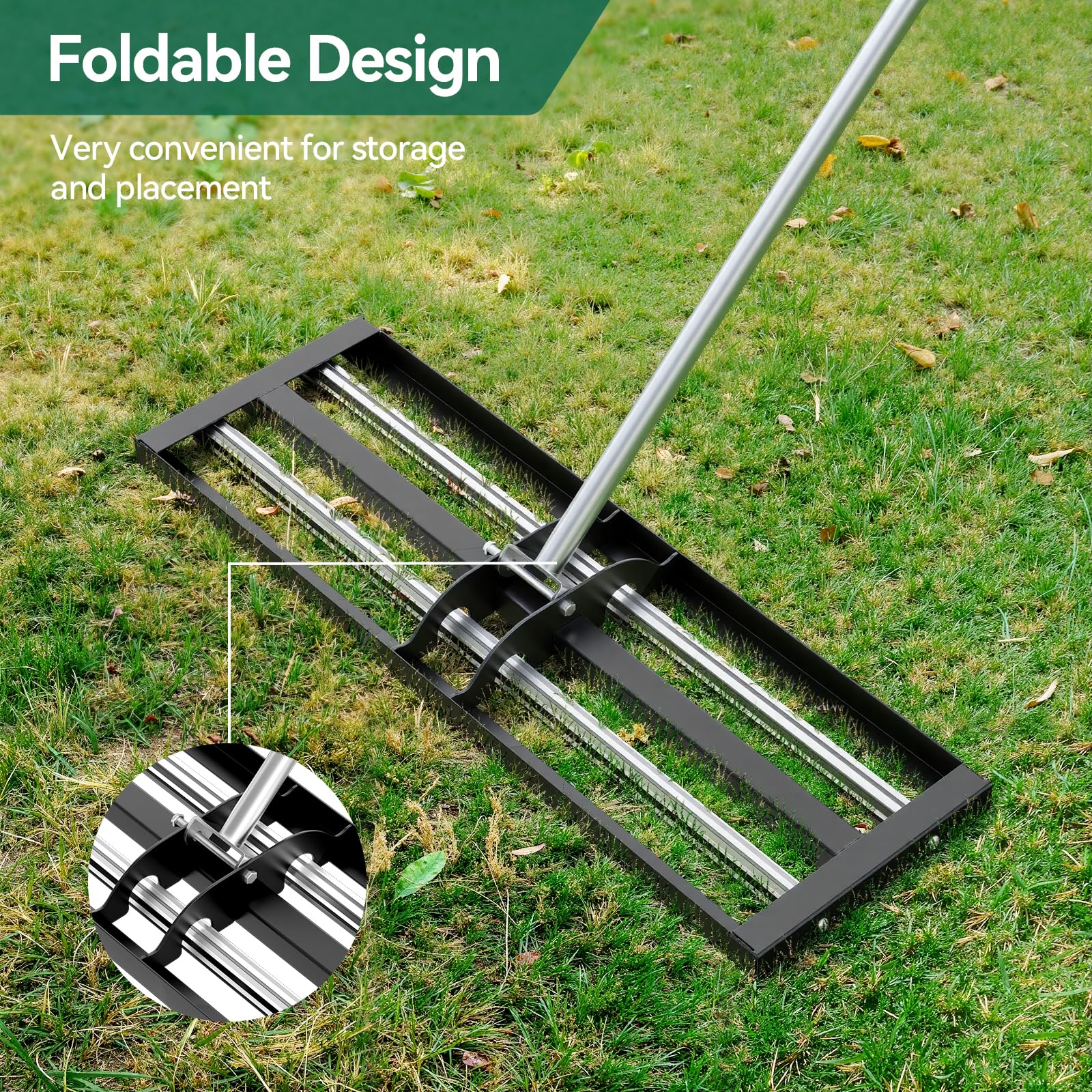 Warmiehomy Rastrillo nivelador de césped de 76 x 25 cm, nivelador de césped para jardinería con mango ajustable de 213 cm y barra rodante, rastrillo nivelador de césped resistente para suelo, césped