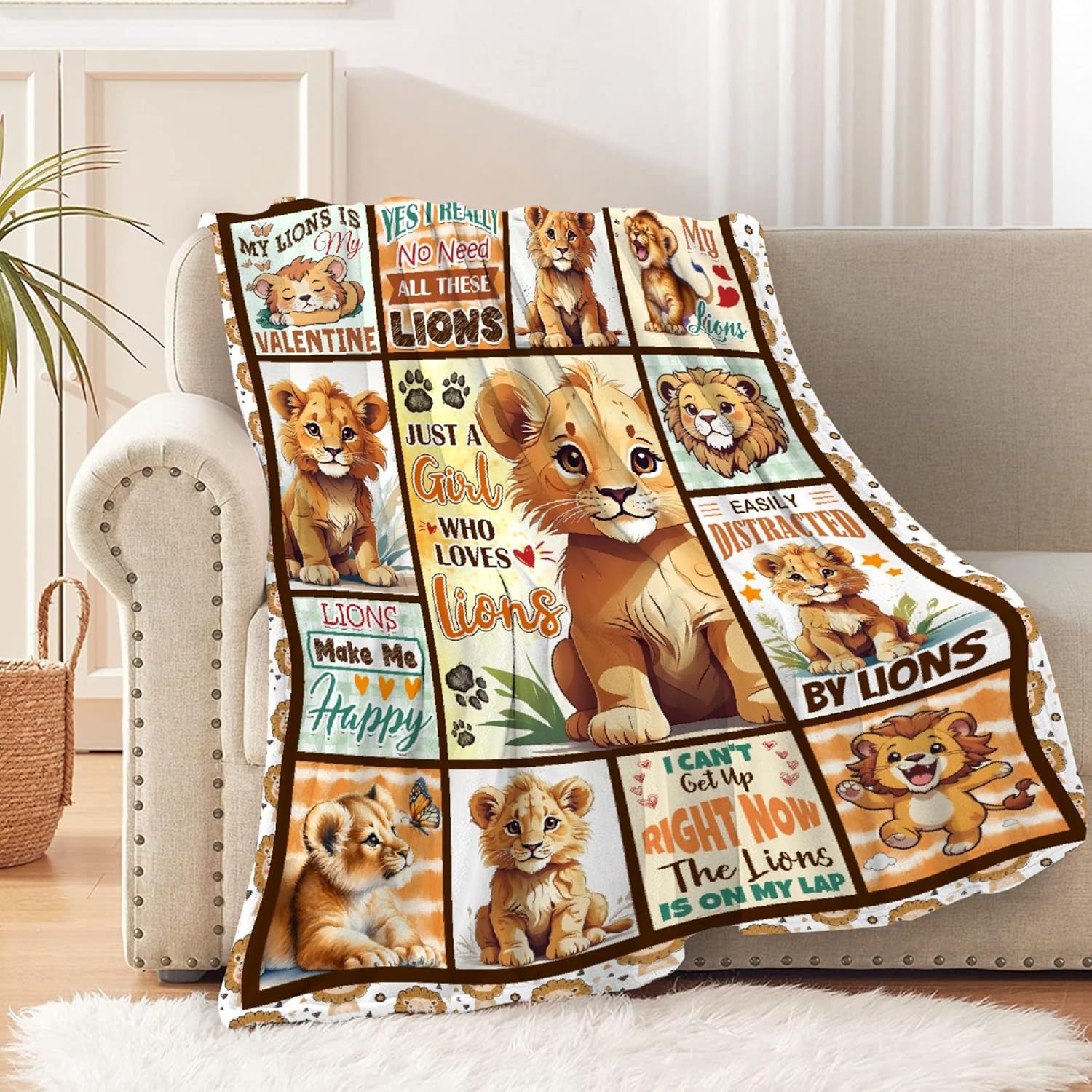 Lion Throw Blanket, Just a Girl Who Loves Lions Throw Blanket for Kids, Animal Quilt Gifts for Girls Boys Adults, Lightweight Flannel Quilts for Bed Couch Decor, 40"x50" for Kids