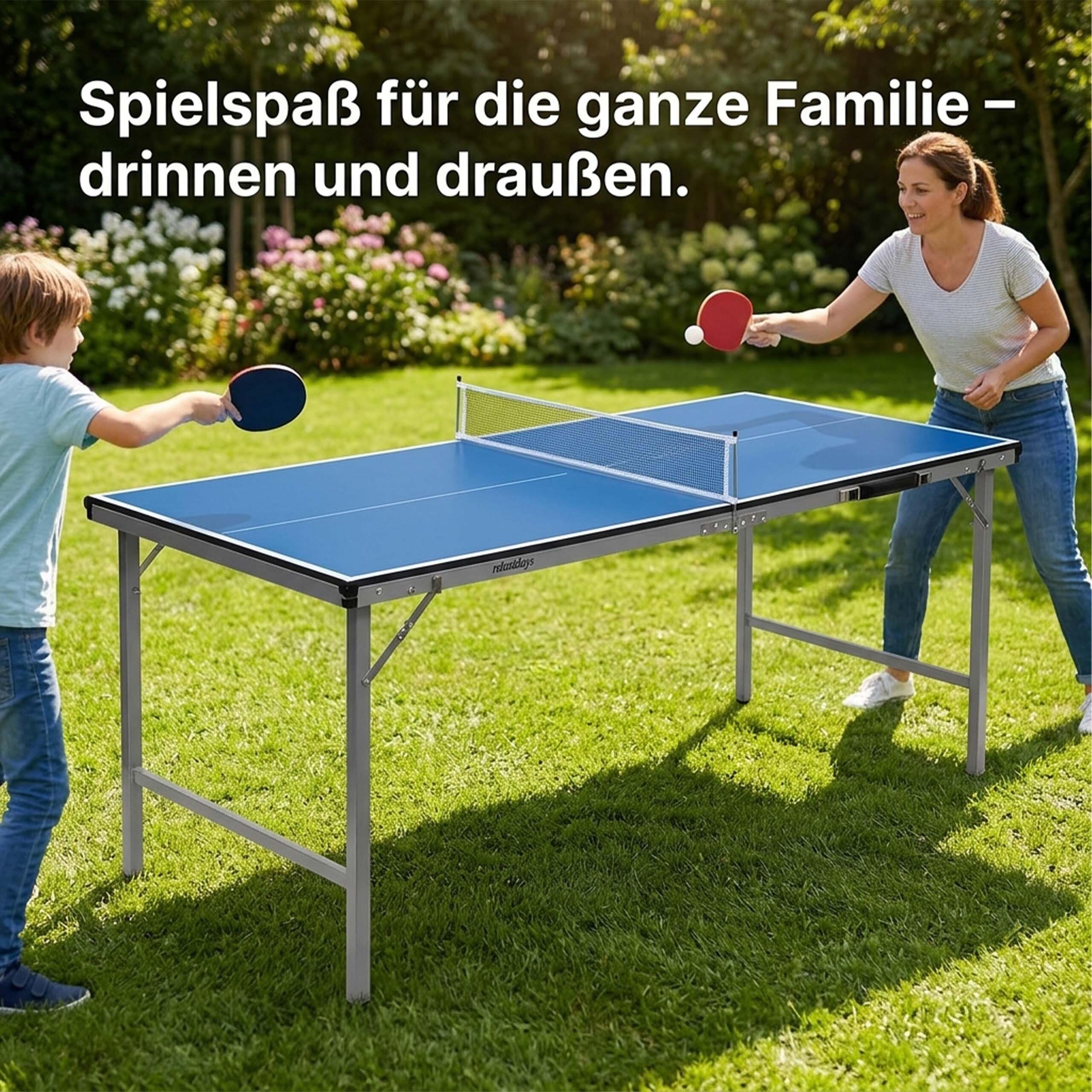 Relaxdays Klappbare Tischtennisplatte, HBT: 71 x 150 x 67 cm, tragbarer Ping Pong Tisch, Netz, Bälle, Schläger, blau