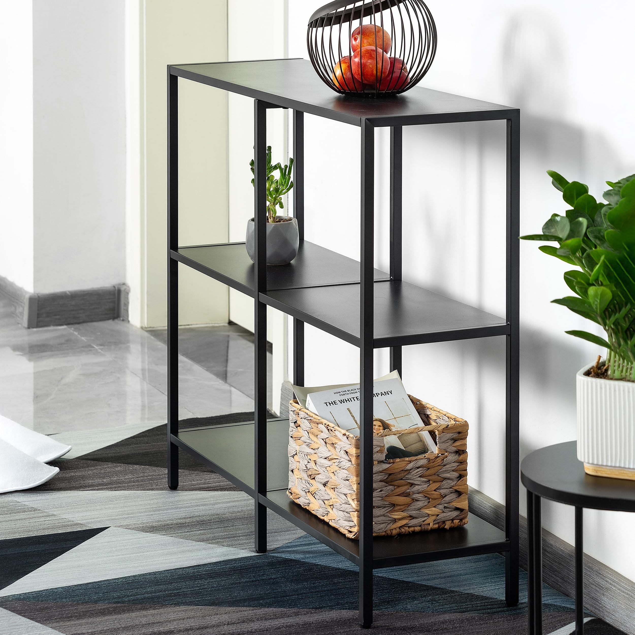 HDANI 80cm Tavolo Consolle in Metallo con 3 Ripiani di Stoccaggio,Piccolo Tavolo da Divano, Tavolo Consolle Stretto,Stile Moderno,Adatto per ingresso Tavolo Soggiorno,Camera da Letto, Nero