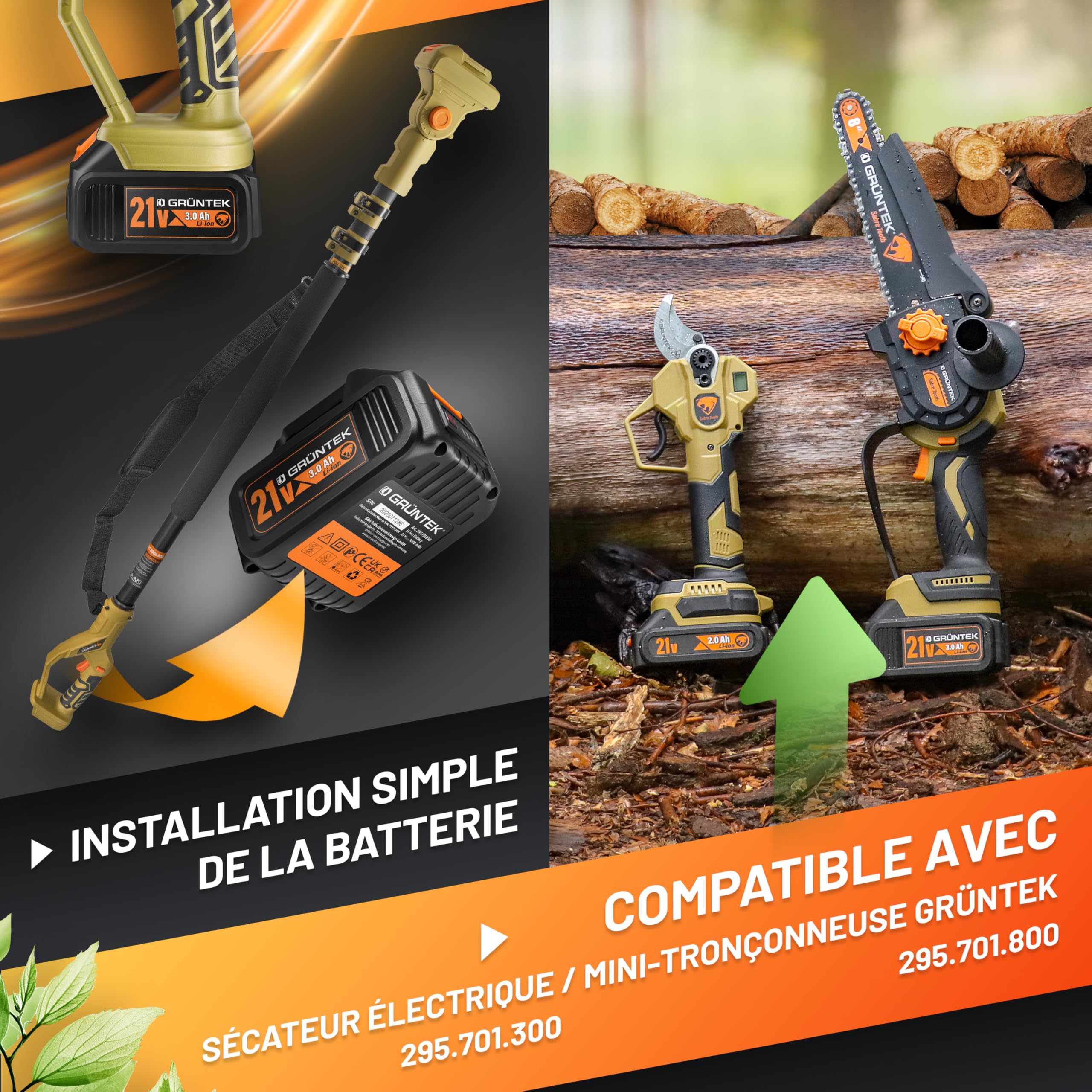 GRÜNTEK Scie Perche Télescopique – Rallonge Mini-Tronçonneuse et Rallonge Sécateur Électrique – Perche Tronçonneuse Aluminium 135-250 cm pour Élagage et Taille Branches en Hauteur