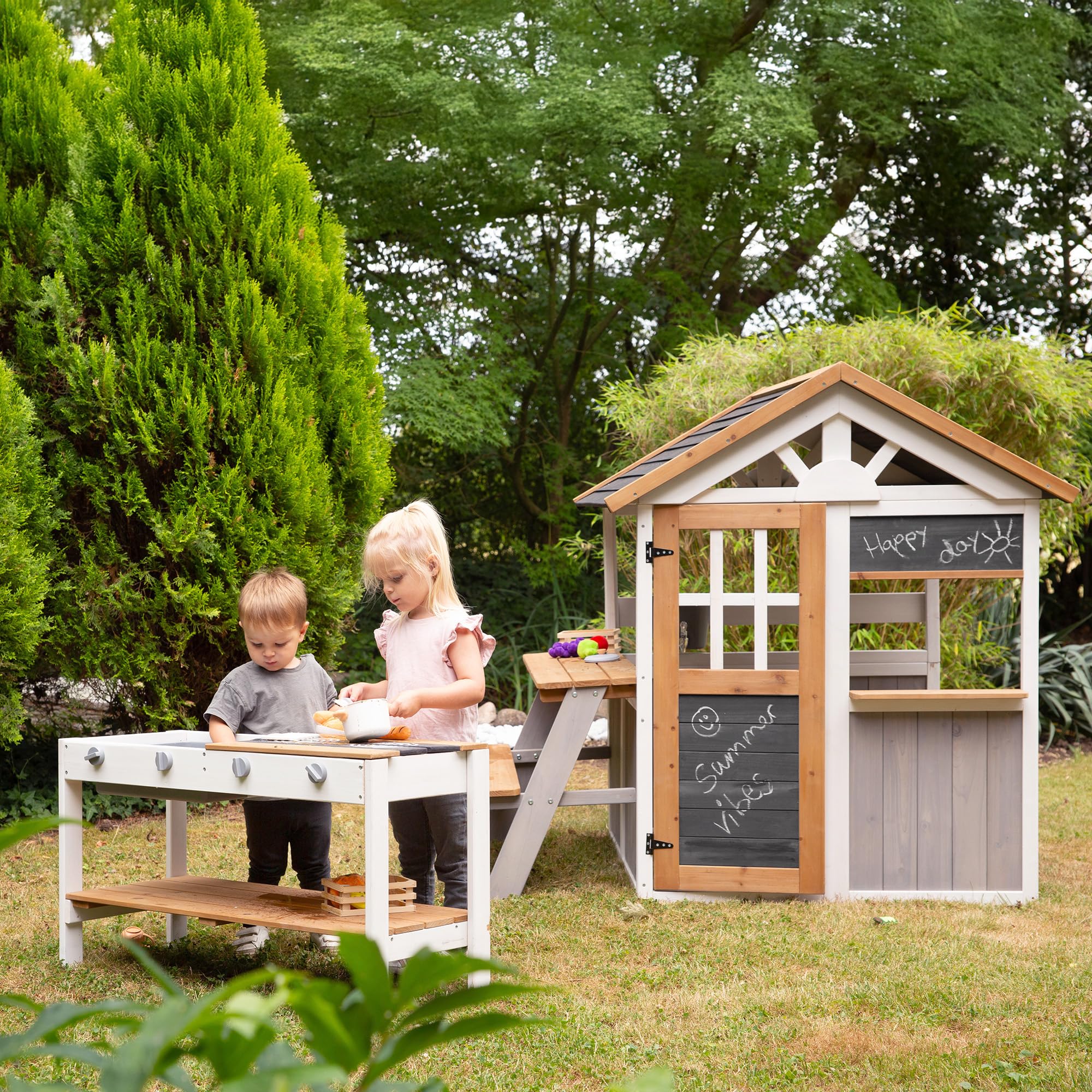 roba Spielküchenerweiterung für Spielhaus - Outdoor-Kinderküche weiß-braun mit BBQ- und Kochplatten - Zubehör für Garten-Spielhaus ab 18 Monaten - Mit Spielwannen & Drehknöpfen - Holz wetterfest