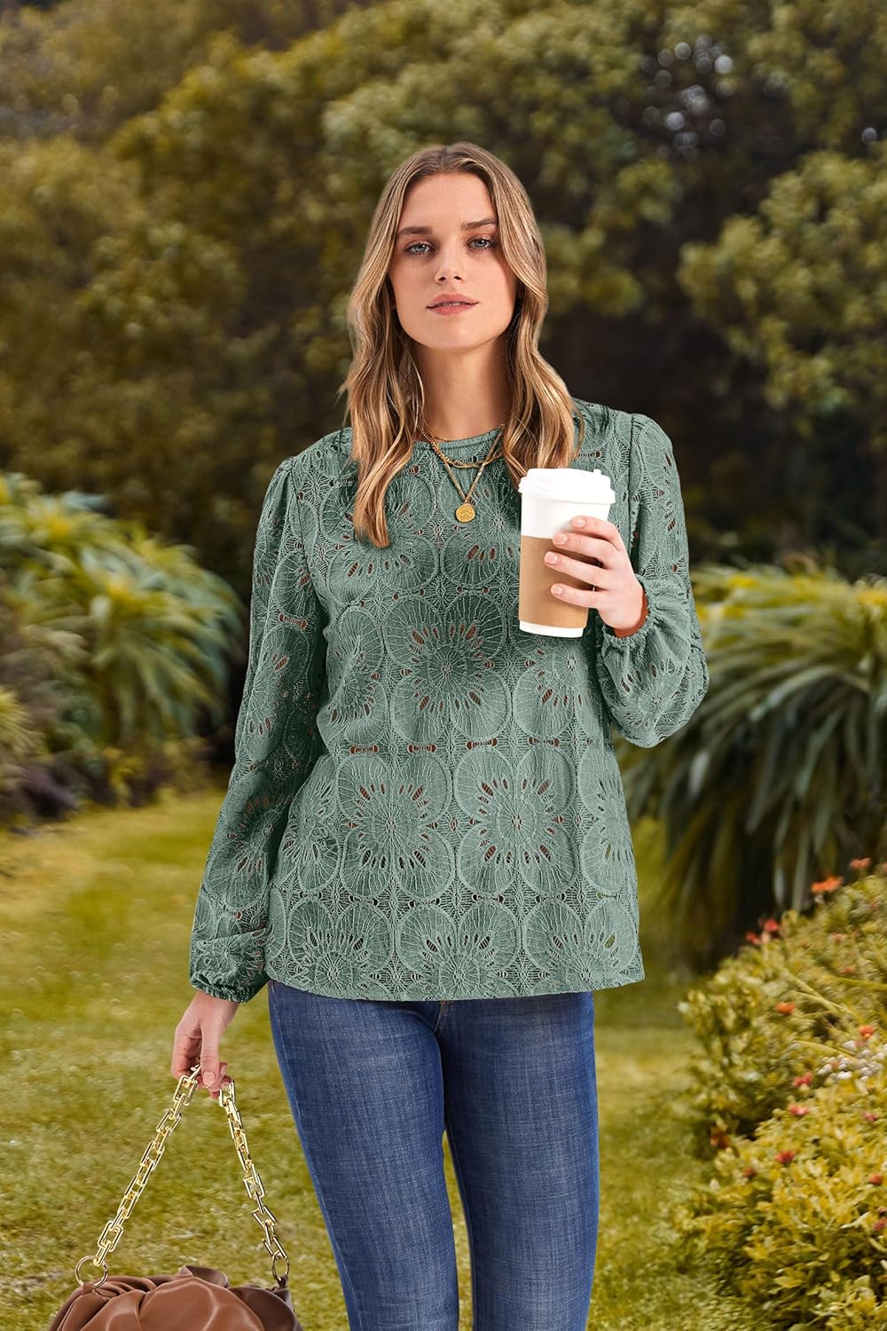 OFEEFAN Blouses for Women Dressy Casual Spring Tops 2026 Summer Outfits Flower Lace Crochet Long Sleeve Shirts - Image 3