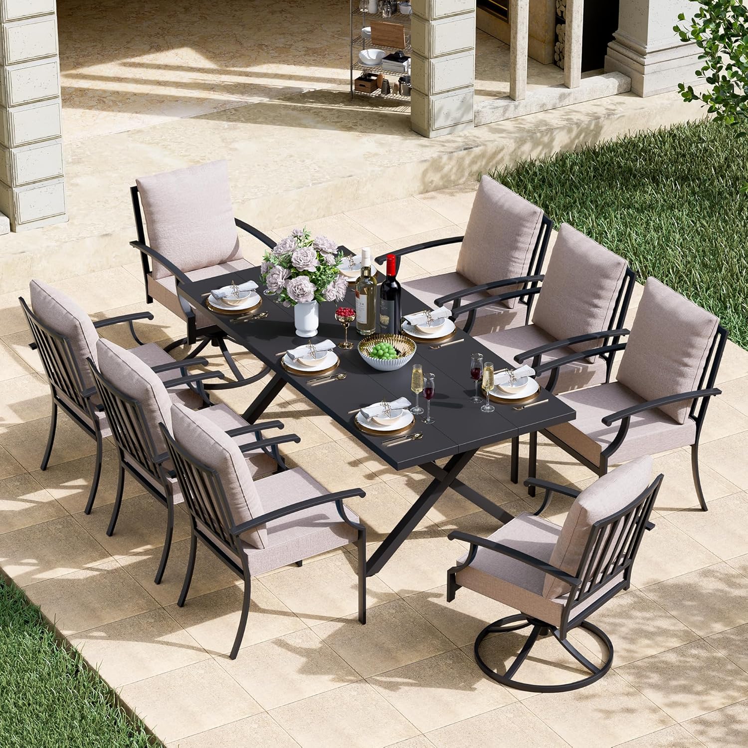 Kullavik 9 Pieces Outdoor Dining Set,Patio Dining Table and Chairs Set for 8,Fence Pattern Back Chairs with Thickened Cushions & Rectangular Metal Dining Table with Umbrella Hole for Patio,Sand