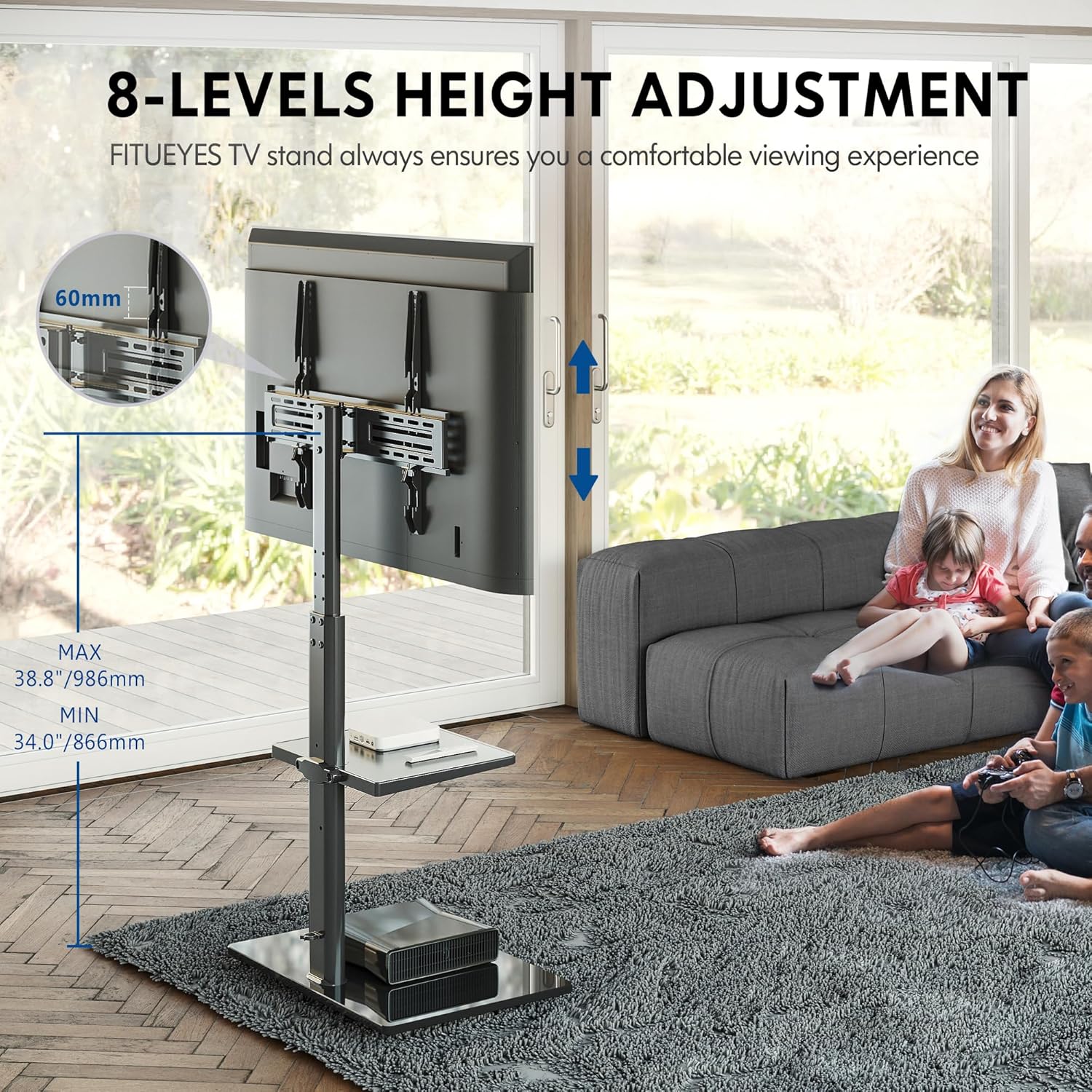 Image showing the 8-level height adjustment feature of the TV stand