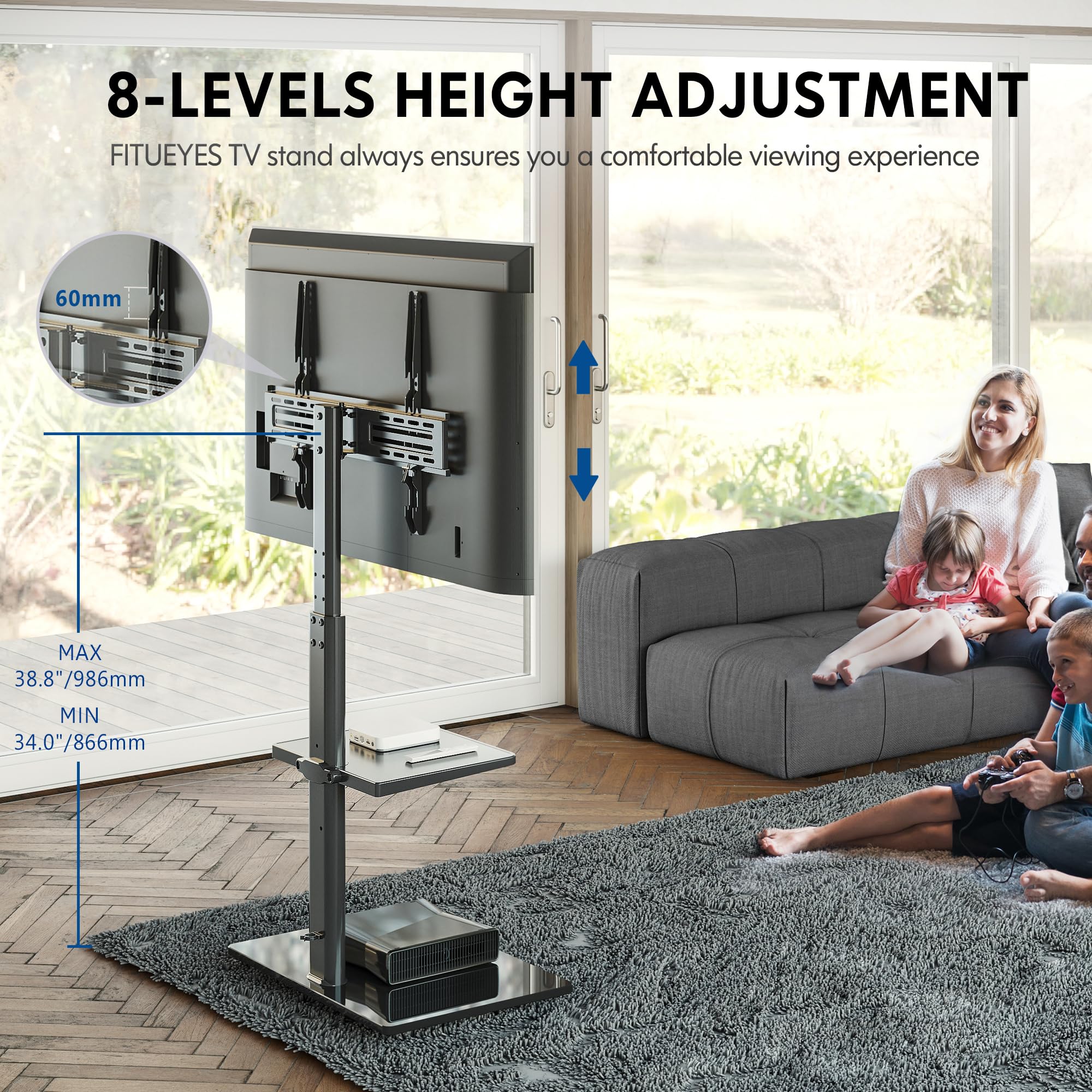 FITUEYES Supporto TV da Terra per 32-60 Pollici, Supporto TV da Pavimento con Ripiano Regolabile, Altezza Regolabile, Portata Max.30 kg, VESA Max. 600 x 400 mm, Nero