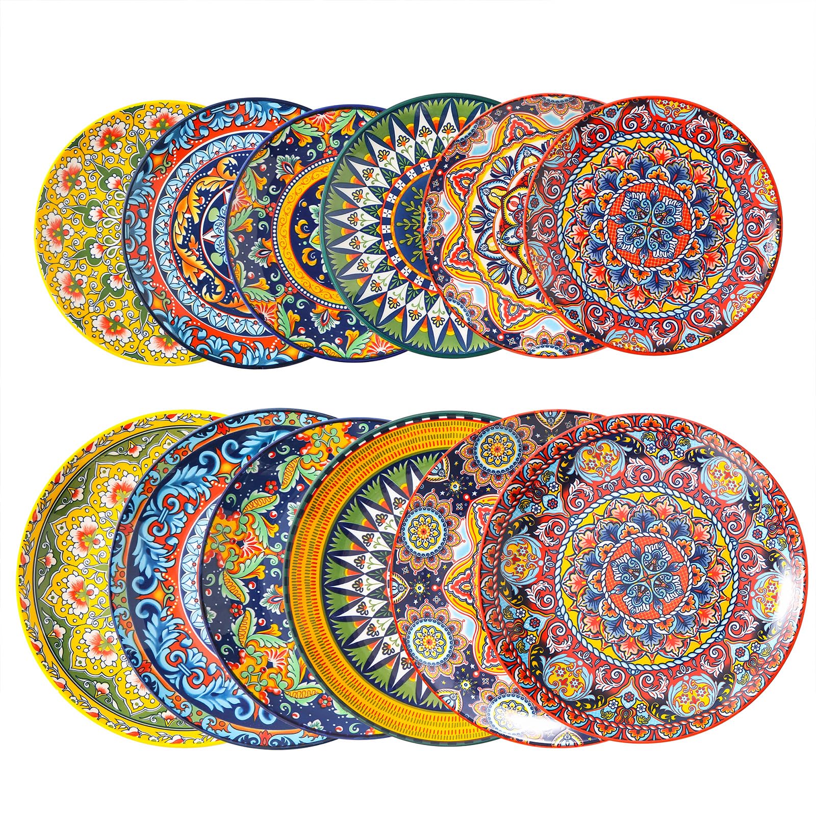 12-Piece Ceramic Plate Set, 10" & 8" Plates, Bohemian Style, for 6 People, Ideal for Gatherings & Festivals, Microwave & Dishwasher Safe, Scratch Resistant