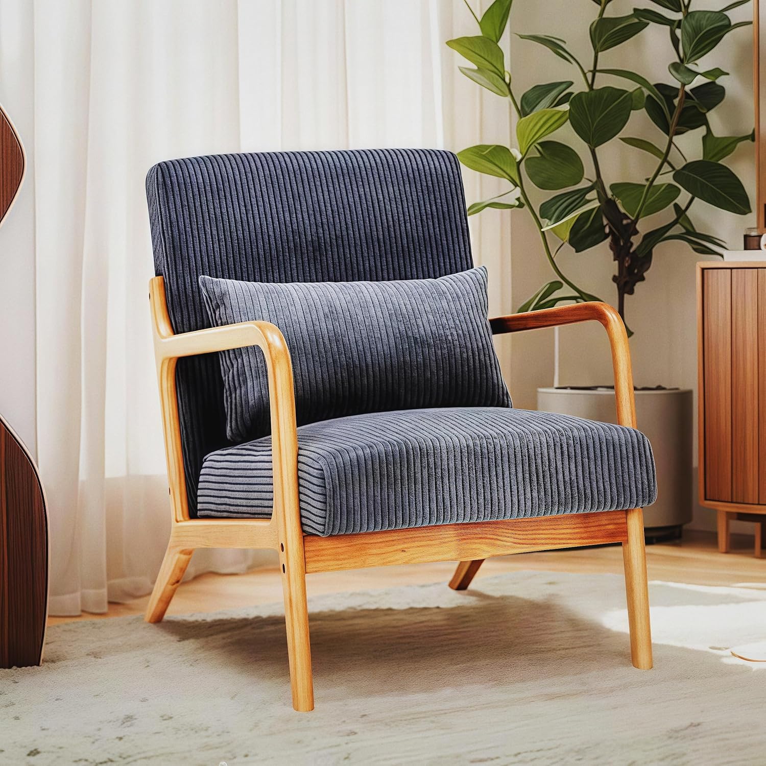 Corduroy Mid Century Modern Accent Chair, Solid Wood Comfy Arm Chair with Lumbar Pillow, Upholstered Reading Chair for Lounge, Living Room, Reading Room, Bedroom (Dark Grey)