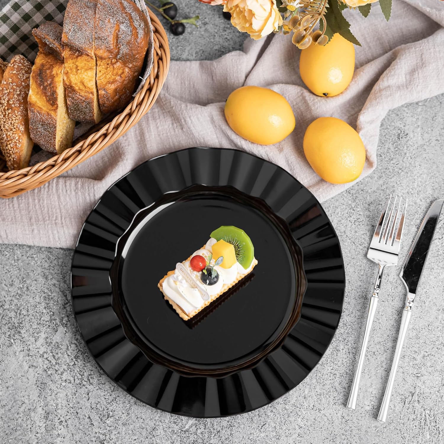 72 Pack Black Plastic Plates, 10" Disposable Wave Dinner Plates Elegant Heavy Duty Serving Dishes for Party, Wedding, Thanksgiving, Christmas