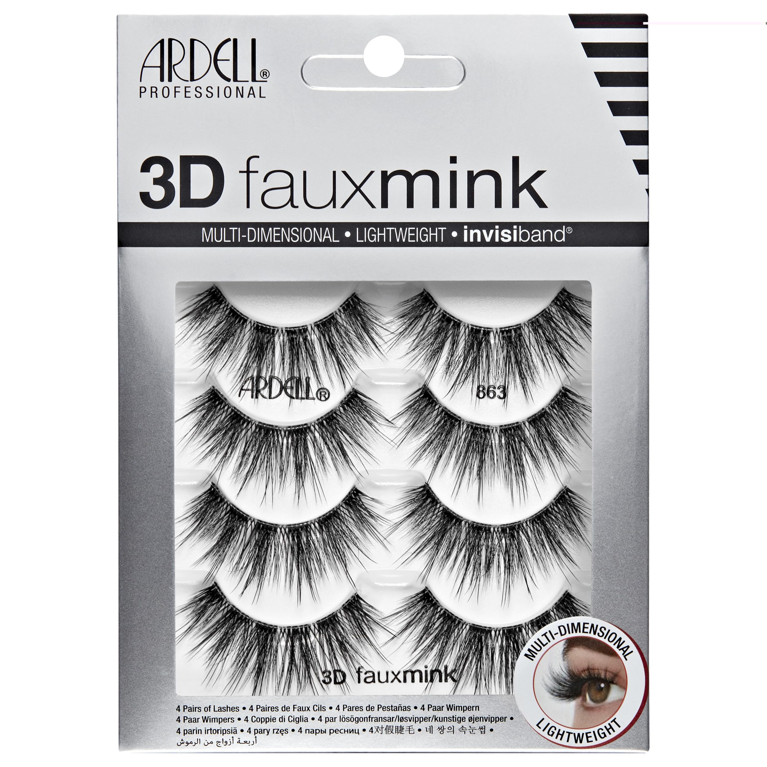 Ardell 3D Faux Mink Lashes 863 - Multi-Dimensional False Eyelashes Natural Look Strip Wispy Lashes, 4 Pairs