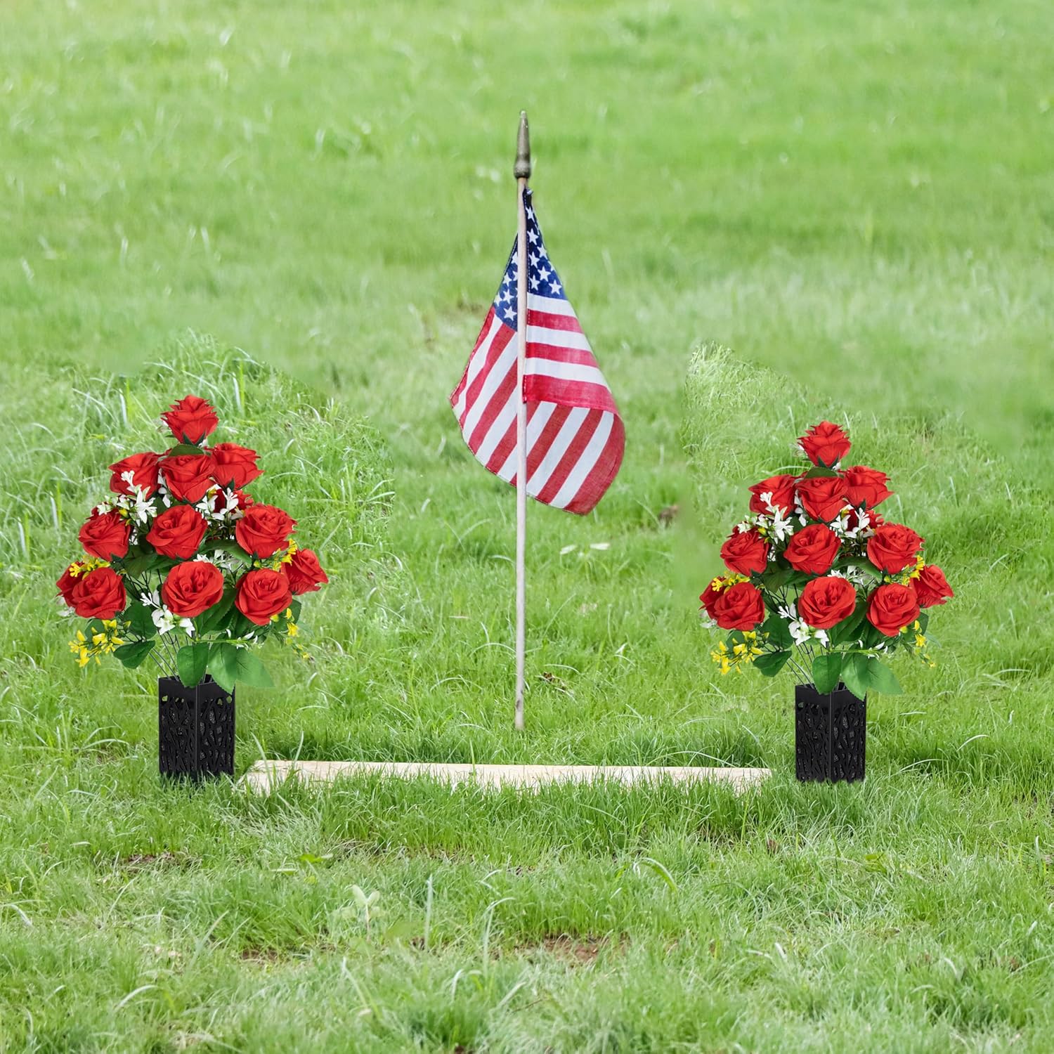 2 Sets Artificial Cemetery Flowers,Memorial Flowers,Beautiful Arrangements for Headstones,Black Plastic vase with Drainage Hole Long Spikes Outdoor Memorials (red) - Image 2