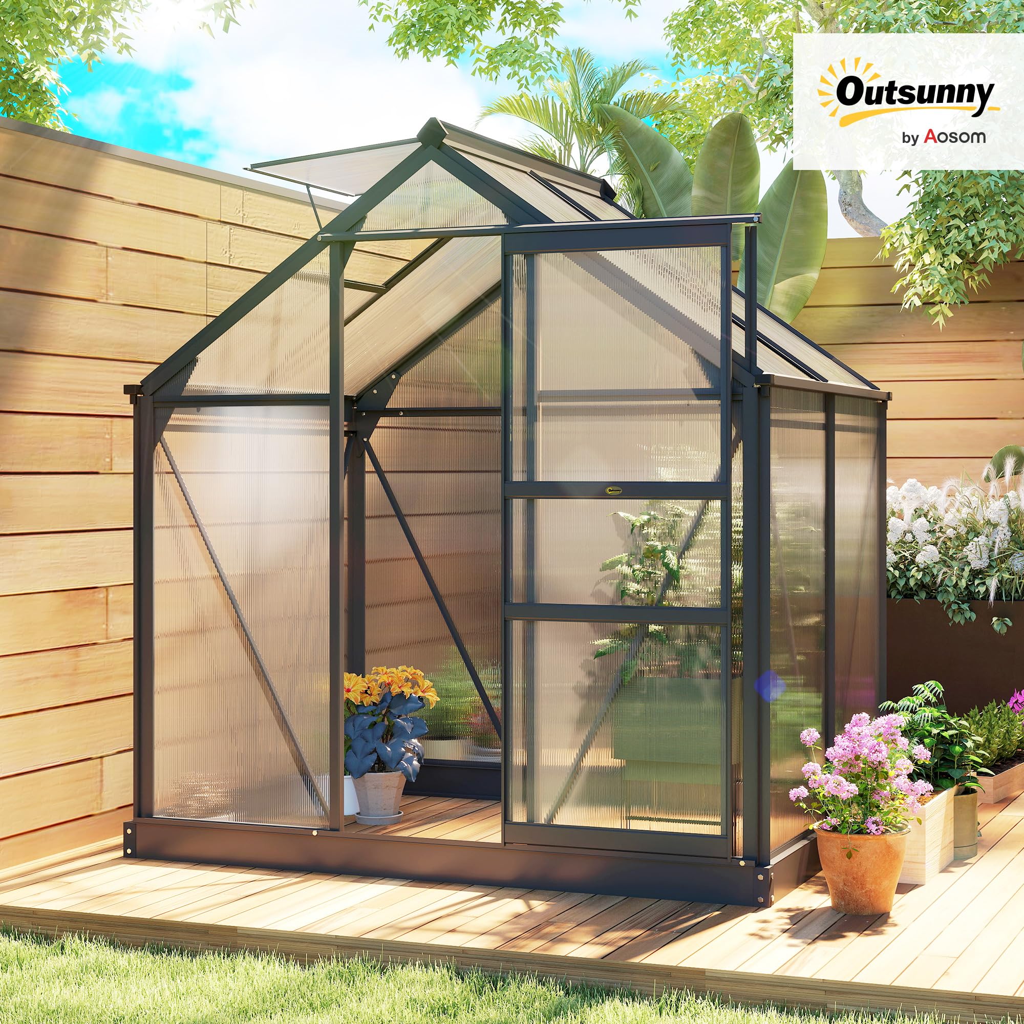 Outsunny Serra da Giardino in Policarbonato con Telaio in Lega di Alluminio 2.51㎡, Serra per Orto con Grondaie, Finestra a Tetto per Ventilazione, Porta Scorrevole, per Piante, 190x132x201cm, Grigio