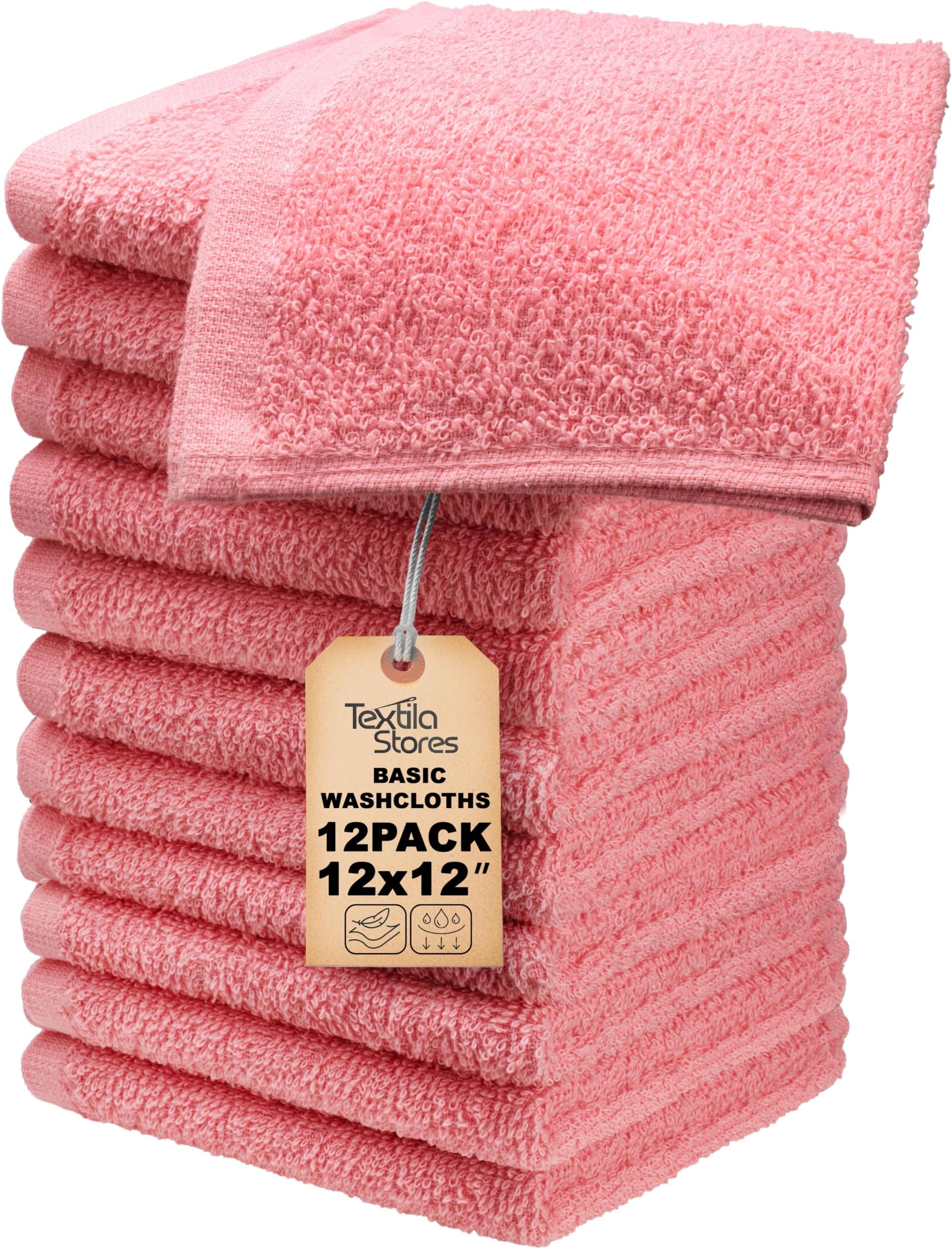 Basic Wash Cloths 12x12 Inches – Pack of 12 – Rose Pink Color – Soft and Absorbent Multipurpose Cotton Washcloths for Bathroom, Spa, Gym, Salon, Hotel, and Everyday Use