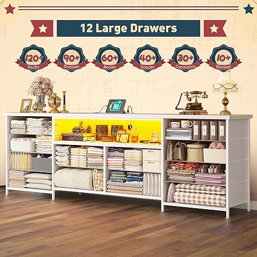 Miniatura 6 de Cómoda blanca de 63 pulgadas de ancho para dormitorio con 12 cajones de tela, cómoda larga con luces LED y tomas de corriente, soporte de TV para TV