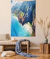 Vista 1 de Ambesonne Tapiz hawaiano, Costa Na Pali en la isla de Kauai en Hawái, día soleado, horizonte de montaña, colgante de pared para dormitorio, sala