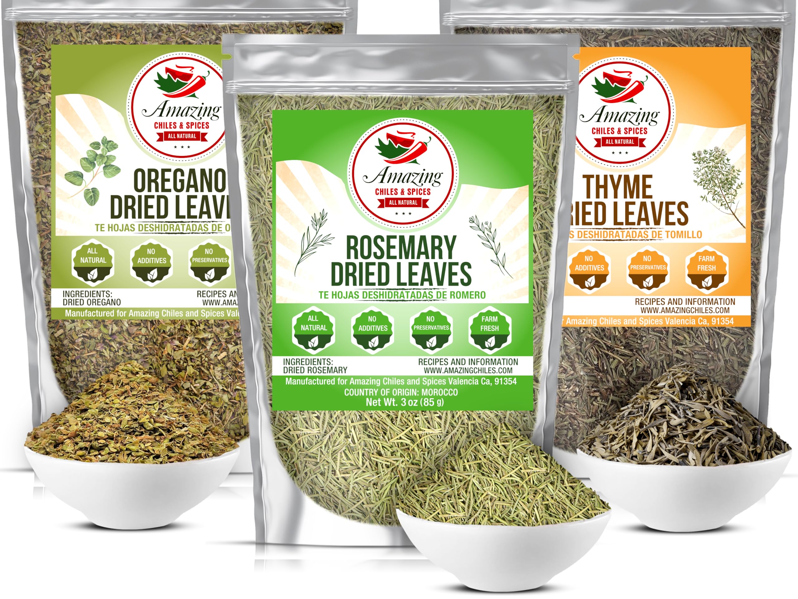 Rosemary, Thyme and Oregano (3-Pack), All Natural, Whole Leaf, Non-GMO, Dried Herb Variety Pack, Use For Seasoning Meats, Sauces, Soups &