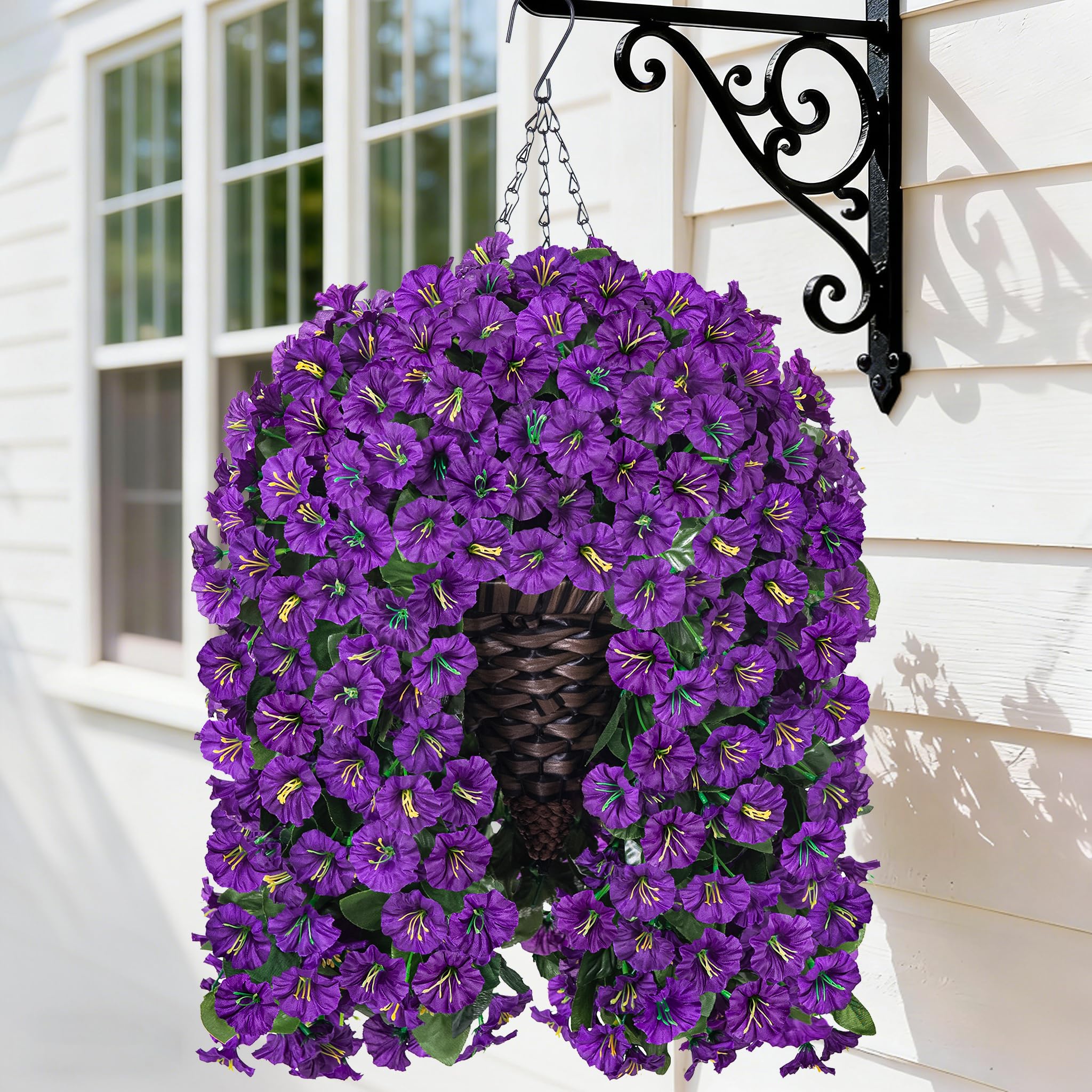 HyeFlora Artificial Faux Hanging Flowers Plants Basket for Outdoor Outside Porch Decoration UV Resistant Fake Silk Purple Morning