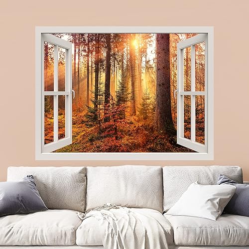 wall26 Adhesivo mural removible para pared, vista de ventana, otoño, temporada de otoño, luz solar, árbol, bosque, naturaleza, fotografía, realismo,