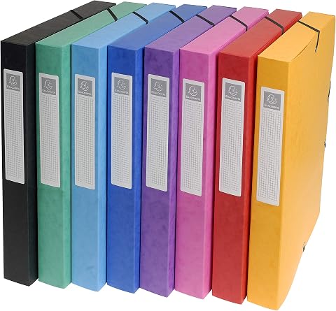 Exacompta 50300E 8er Pack Premium Sammelbox aufgebaut mit Gummizug 25 mm breit aus extra starkem Colorspan-Karton mit Rückenschild für DIN A4 Archivbox Heftbox Sammelmappe 1 Stück Zufallsfarbe
