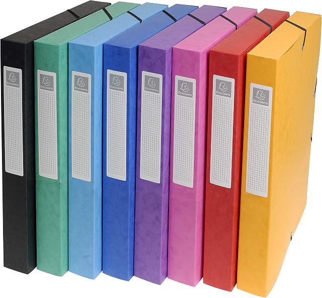 Exacompta 50300E 8er Pack Premium Sammelbox aufgebaut mit Gummizug 25 mm breit aus extra starkem Colorspan-Karton mit Rückenschild für DIN A4 Archivbox Heftbox Sammelmappe 1 Stück Zufallsfarbe