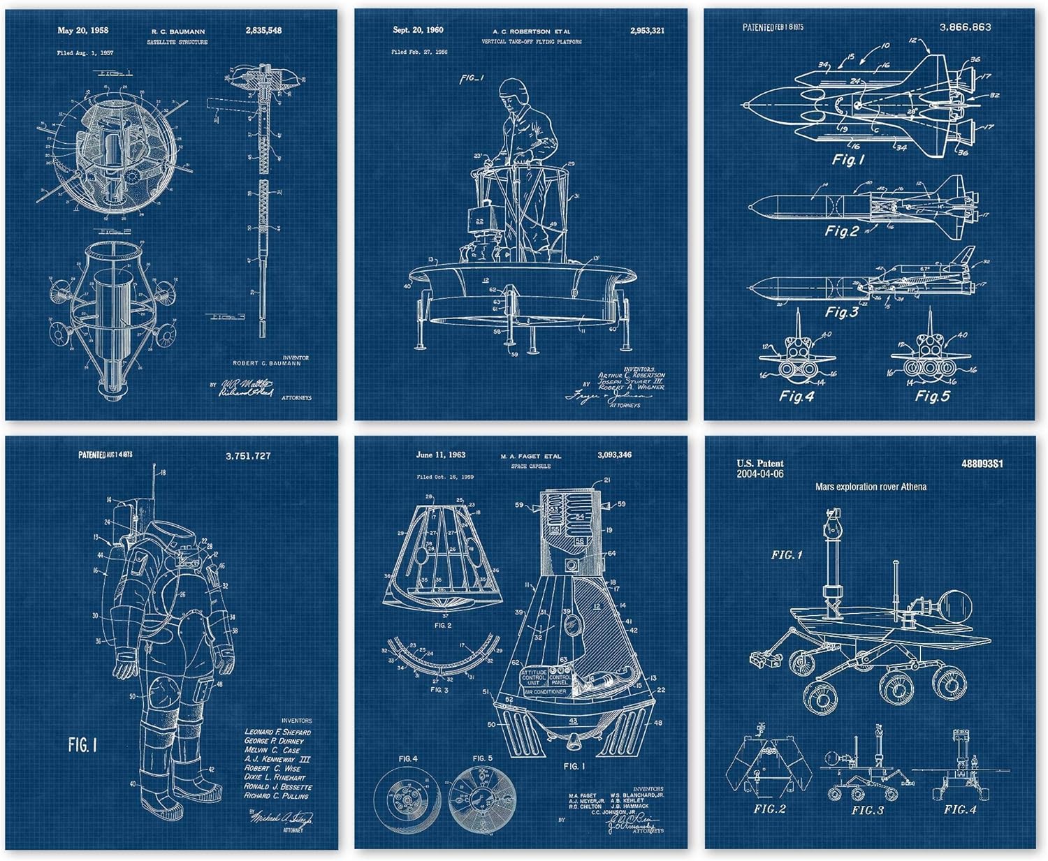 Classic Space Exploration Patent Prints, 6 (8x10) Unframed Photos, Wall Art Decor Gift for Home Office Gears Garage Man Cave Science School College Student Teacher Coach NASA Aviation Flight Engineer