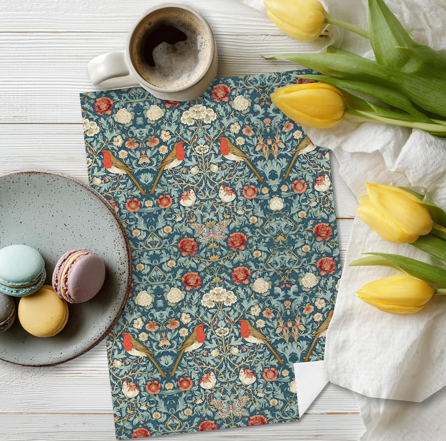 Robin Bird Floral Kitchen Towels,William Morris Vintage Botanical Four Seasons Hand Towels Decorative Hand Tea Towel for Bathroom Baking Cooking Cleaning Holiday Party Supplies 16x24 Inch image 4
