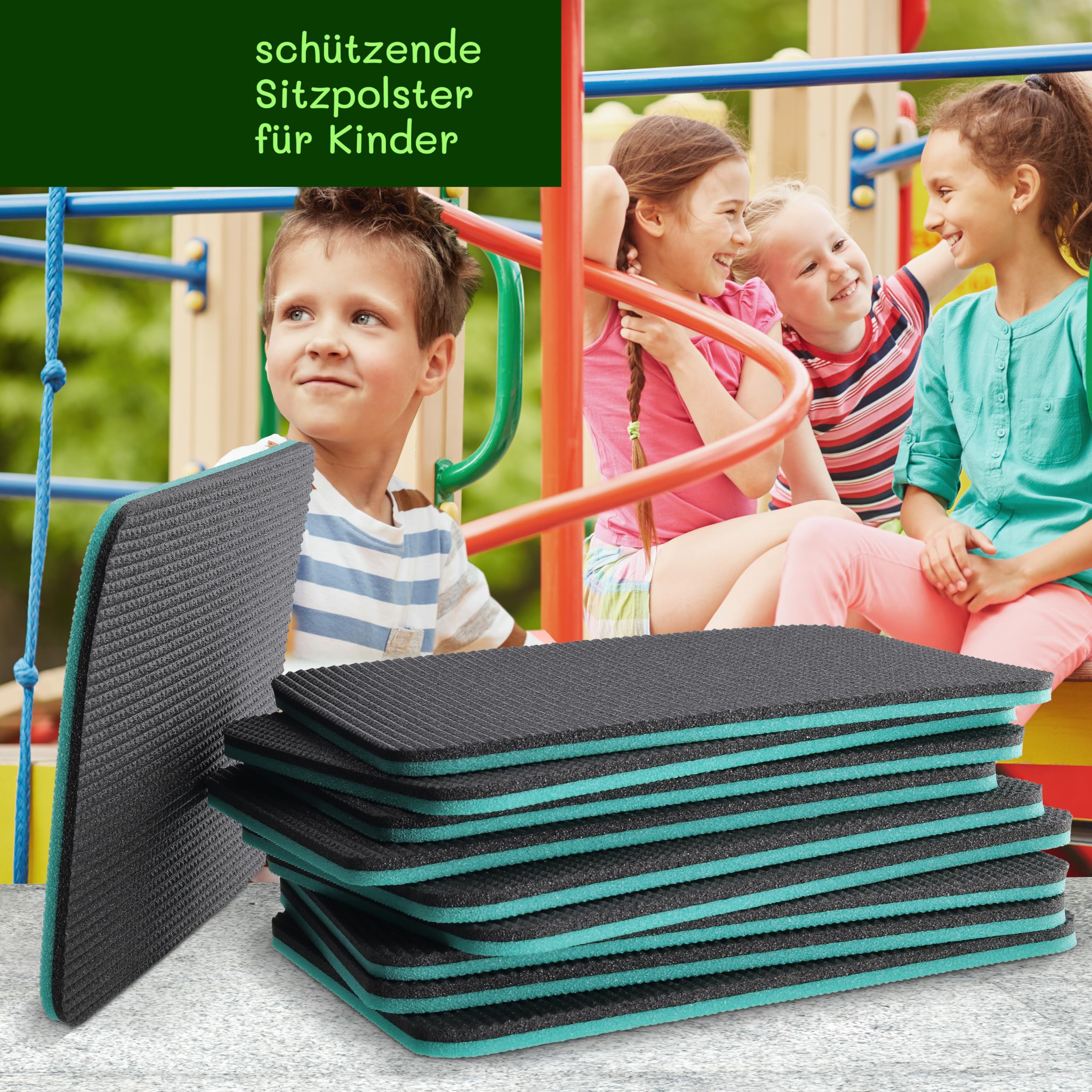 Yate Set 10 doppelte Schaumstoff Sitzkissen DIN A4 Kinder Sitzunterlage WASSERDICHT 307x220mm für Kindergarten Morgenkreis, Schulen, Waldbühne - 2 lagig, Rucksack (Grün/Grau)