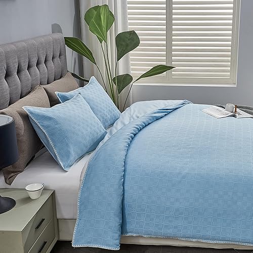 ENJOHOS Twin Size Blue Duvet Cover Set with Texture, Waffle Duvet Cover Woven from Smooth Silk Threads, 3 Pieces Soft Microfiber Bedding Duvet Cover Sets for All Seasons