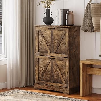 Semiocthome Farmhouse Shoe Storage Cabinet with 2 Flip Drawers, 23.6"W Freestanding Shoe Organizer with Barn Door and Metal Handles for Entryway, Corner Narrow Shoe Rack Cabinet - Rustic Brown
