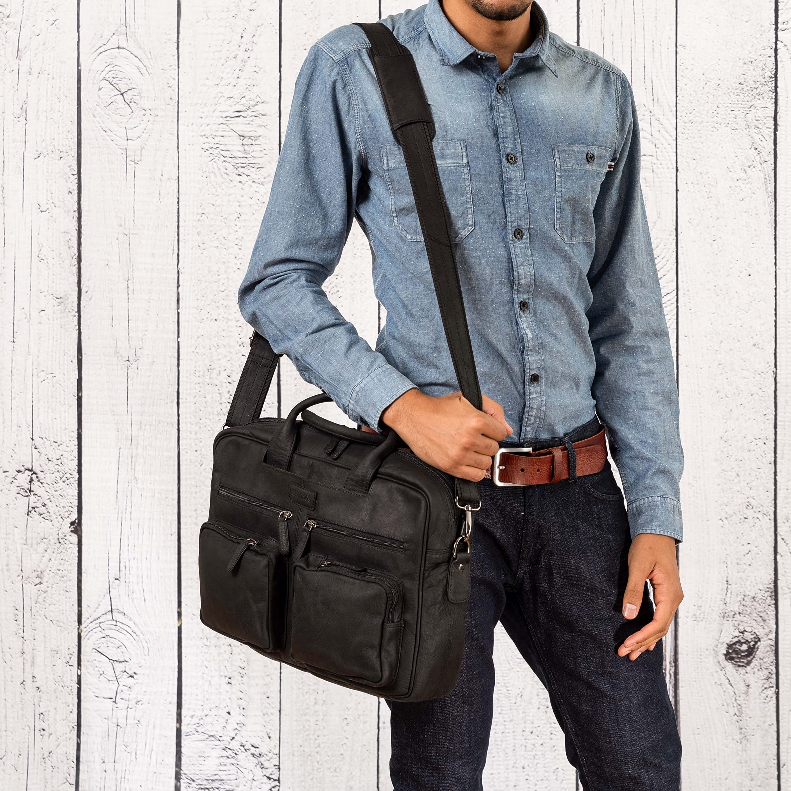 LEABAGS Bolso para hombres y mujeres | Bolsa portátil de cuero genuino 15" | Bolso bandolera con correa | Bolso de hombro | Bolsa mensajera | Bolsa de trabajo | Bolsa de profesor