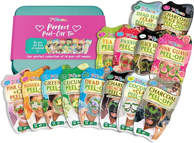 7th Heaven Perfect Peel-Off Tin Gift Set with a Selection of 14 Easy Peel Face Masks to Cleanse, Nourish, Detoxify and Revitalise | Ideal for All Skin Types