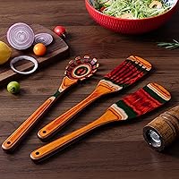 Vista 3 de Juego de utensilios de cocina de madera de Pakkawood de 3 piezas, incluye tenedor para pasta, espátulas planas de mango largo, juego de espátulas
