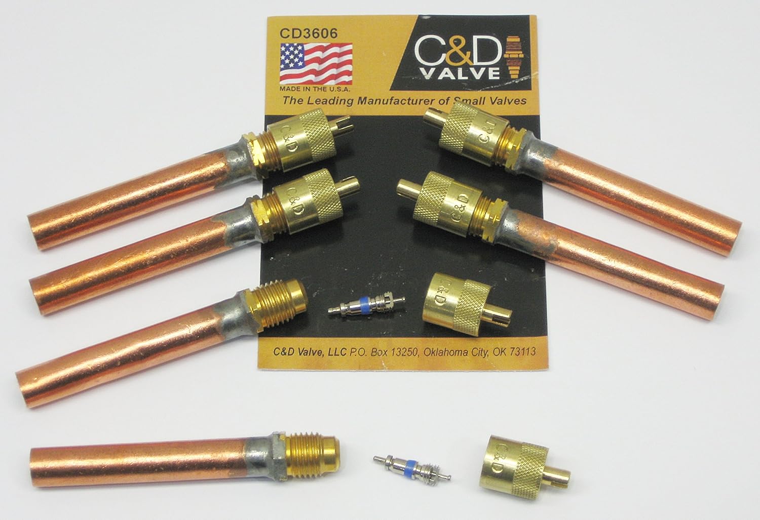 C&D CD3606/6 1/4" m. Flare Access Fitting w/ 3/8" Copper Tube Extension, CD2250 Brass Wrench Cap and Valve core