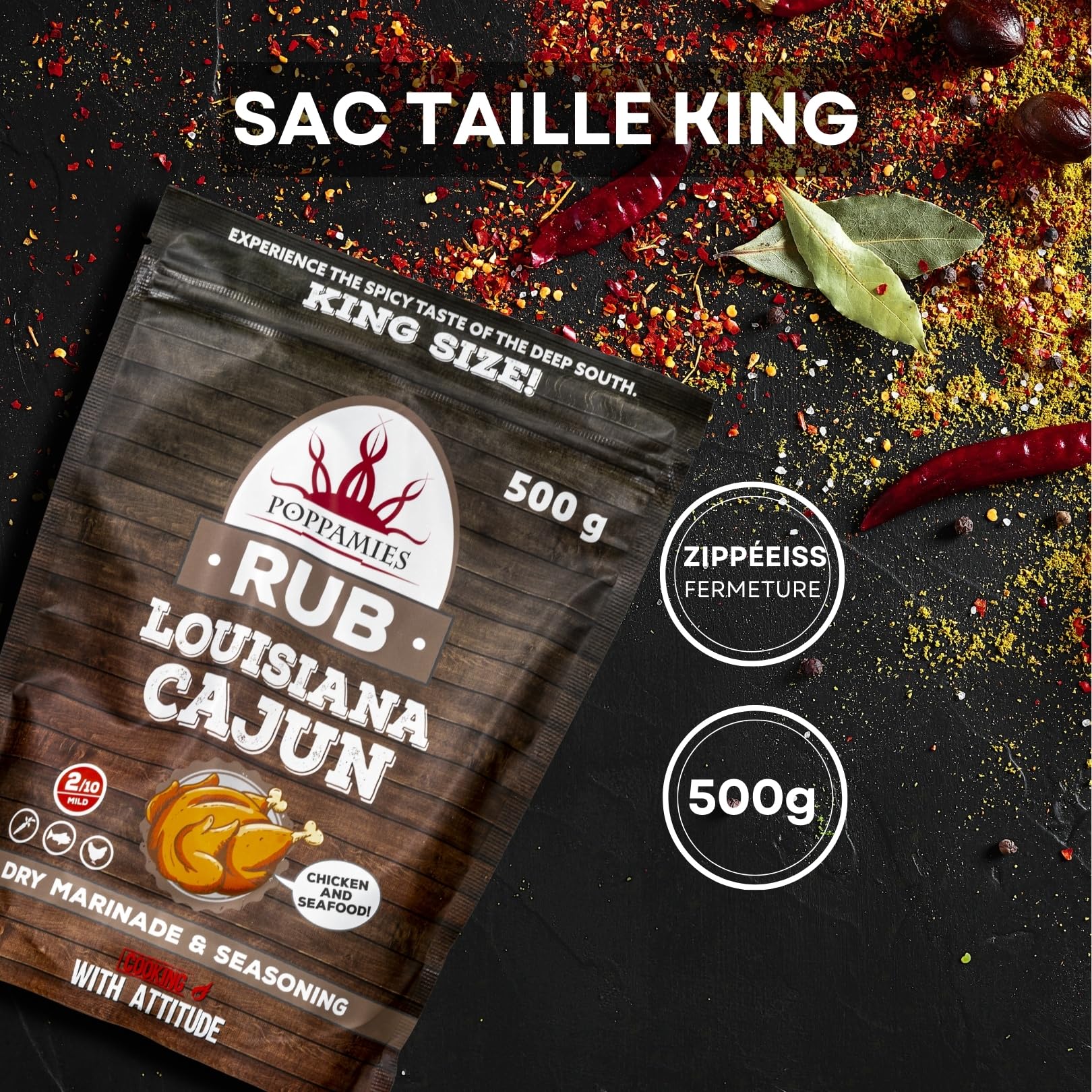 Poppamies Louisiana Cajun BBQ Rub - Assaisonnement BBQ 100% Naturel - Marinade Sèche & Épices - Idéal pour le gril - Grand format (500g)