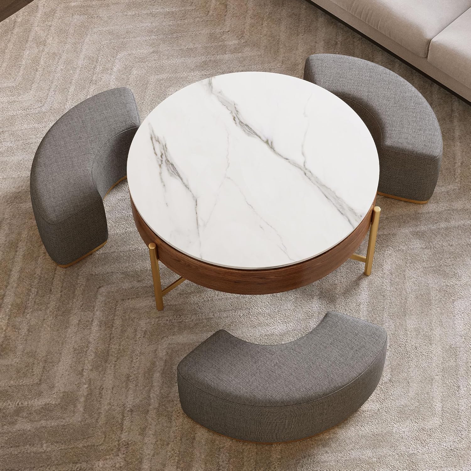 Modern Lift-Top Round Coffee Table with Hidden Storage & 3 Upholstered Nesting Ottomans, Walnut Veneer & Sintered Stone Top Rustic Small Accent Center Table - Brown+Gray, Golden+White