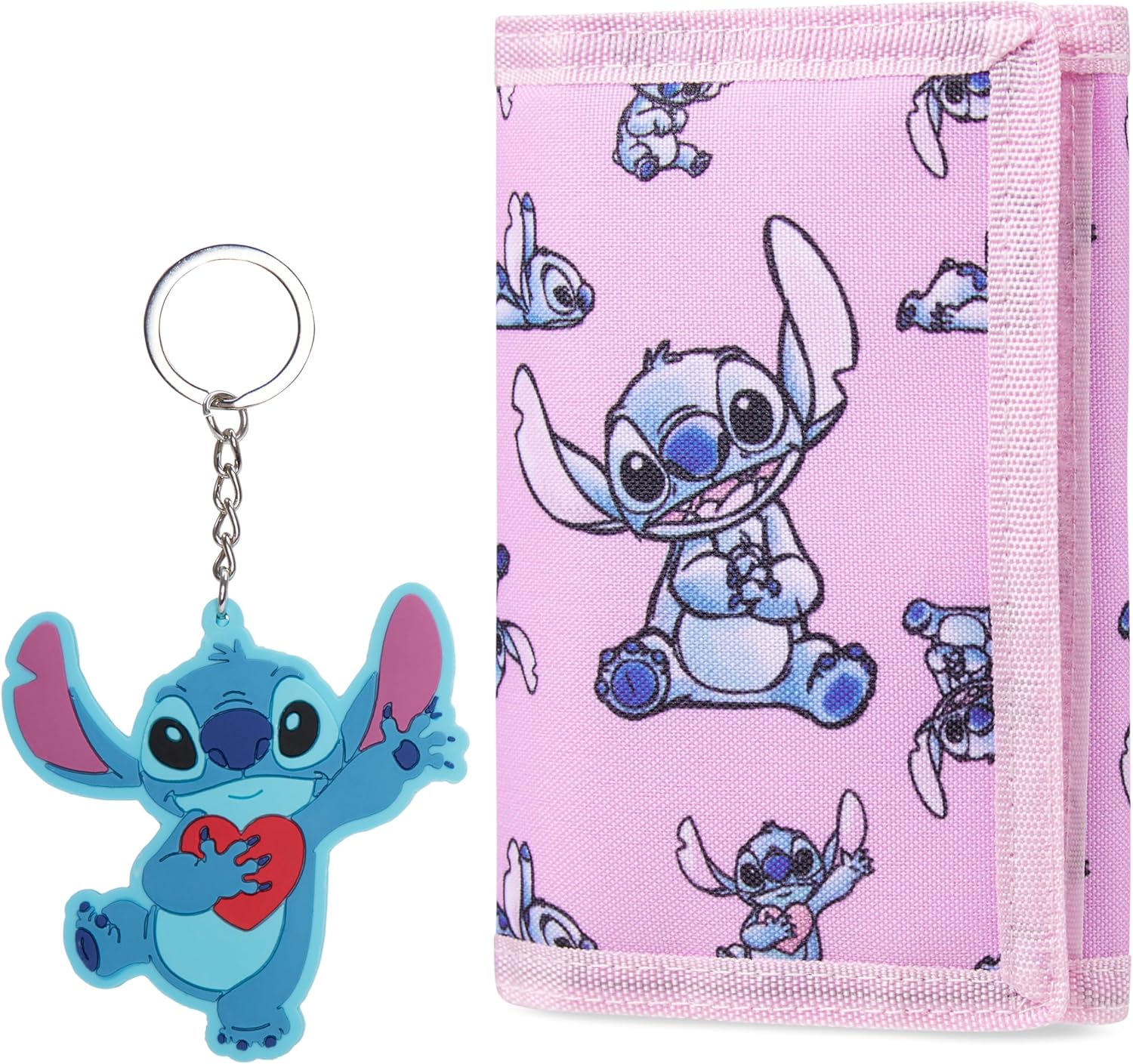 Disney Stitch Kids Wallet and Keyring Gift Set Cute Trifold Wallet with Coin Purse Card Slots and Keychain Stitch Gifts (Pink Stitch)