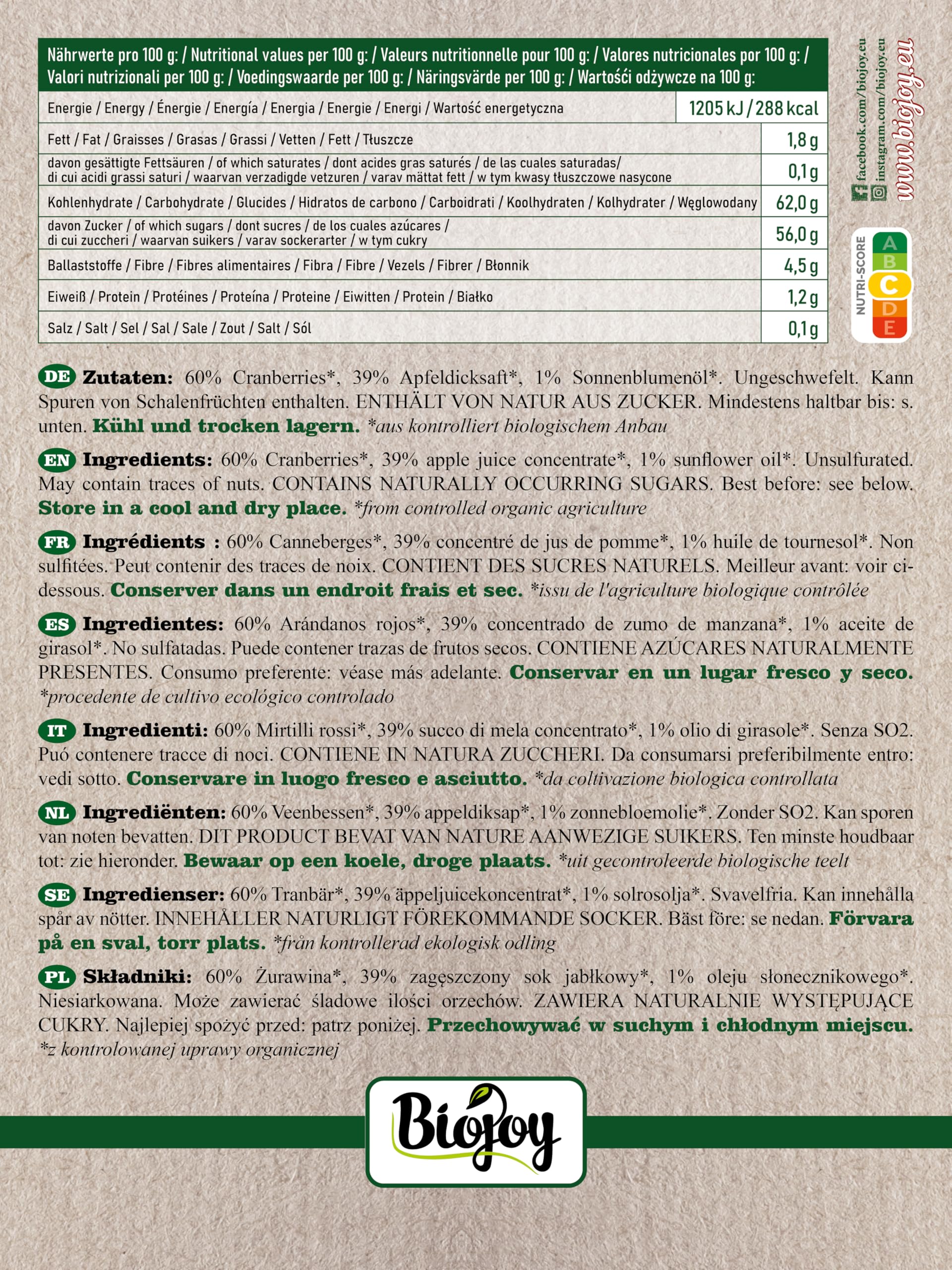 Biojoy Mirtillo Rosso essiccato Biologico (1 kg), Mirtilli Rossi dolcificati con Concentrato di Succo di Mela