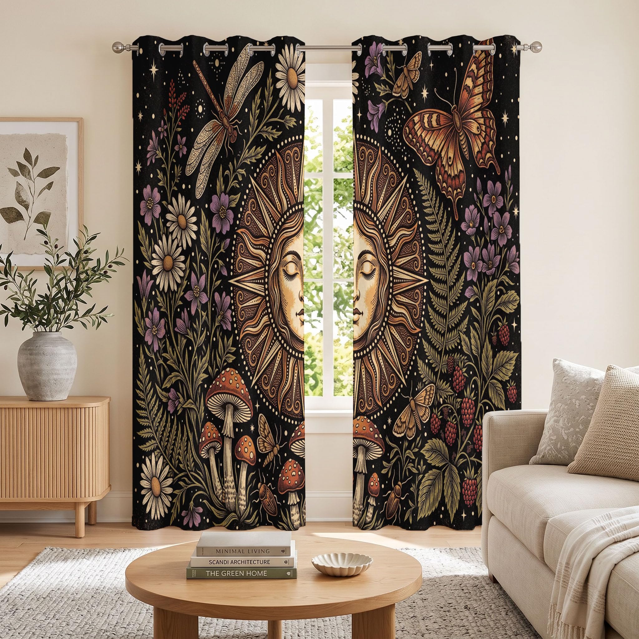 Cortinas Opacas De Tótem Solar Bohemio Planta Retro Cielo Estrellado | Juego De 2 Unidades, Cortinas Opacas con Ojales, Negro, Aislamiento Térmico para Salón Dormitorio, 140Anx260Al Cm
