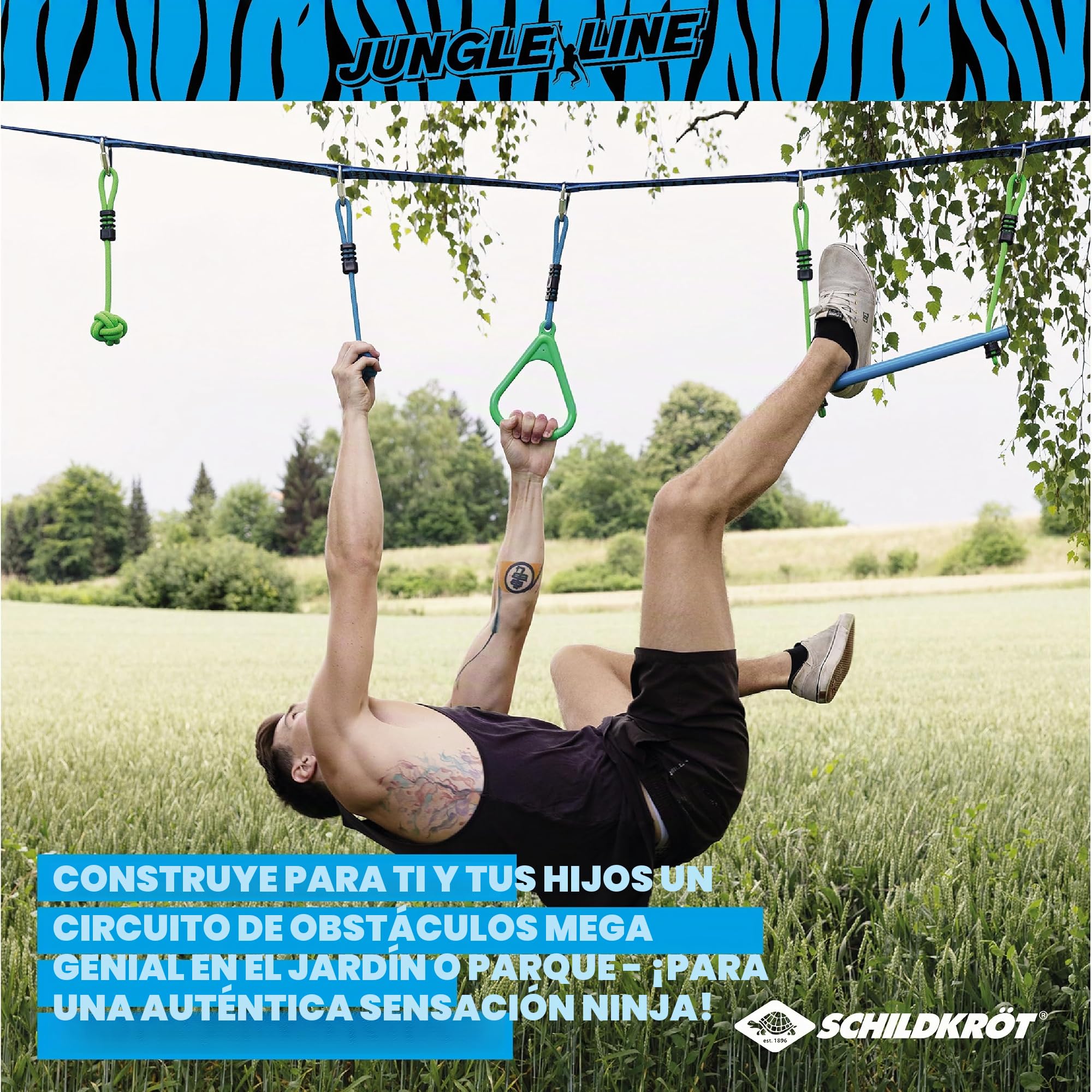 Schildkröt Jungle Line, Juego de Circuito de Escalada para Niños y Adultos, 11 Metros, Carrera Ninja al Aire Libre, 7 Obstáculos Robustos