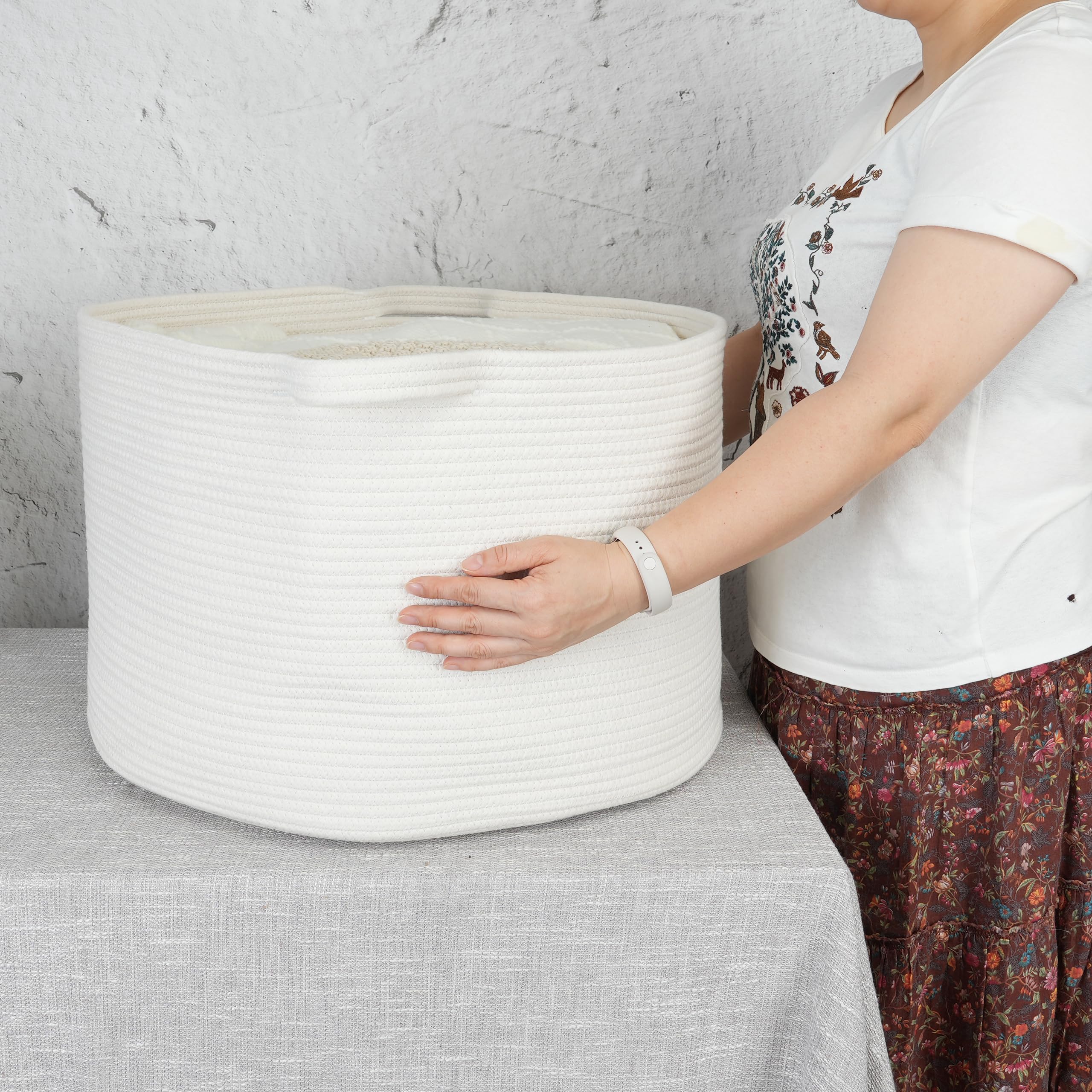 Large Cotton Rope Basket - 22"x14" Woven Storage Baskets For Blankets