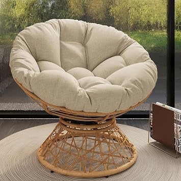 41.5" Wicker Papasan Chair with 360-Degree Swivel Base, Papasan Lounge Chair with Soft Cushion and Sturdy Frame, Swivel Papasan Reading Chair for Living Room, Bedroom Beige