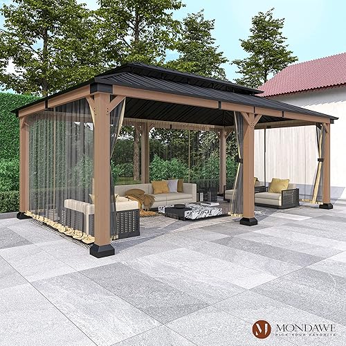 Miniatura 3 de Gazebo de madera de cedro de 12 x 20 pies, glorieta de techo rígido con red, pérgola permanente para exteriores con pabellón de doble techo de acero