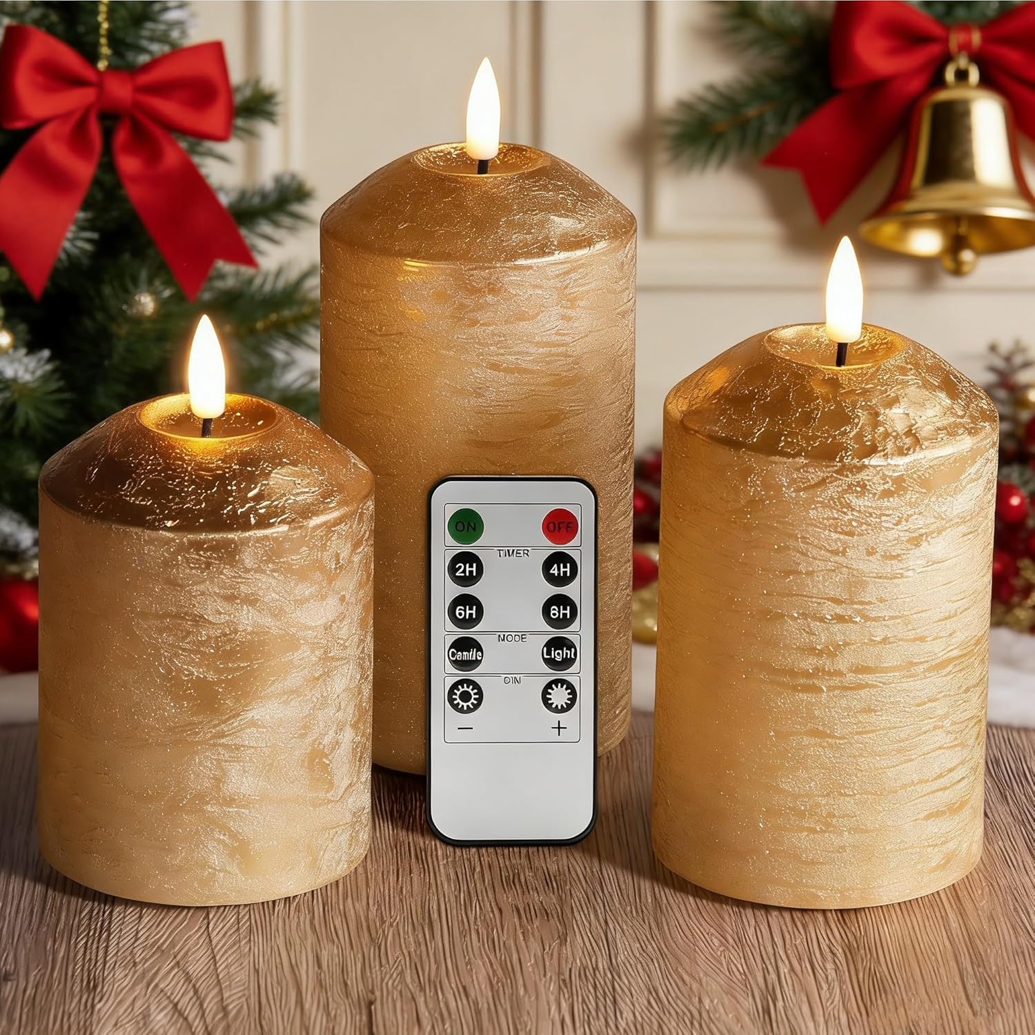 Eywamage Gold Flameless Pillar Candles with Remote, Flickering LED Wax Candles Battery Operated Set of 3 - Image 7