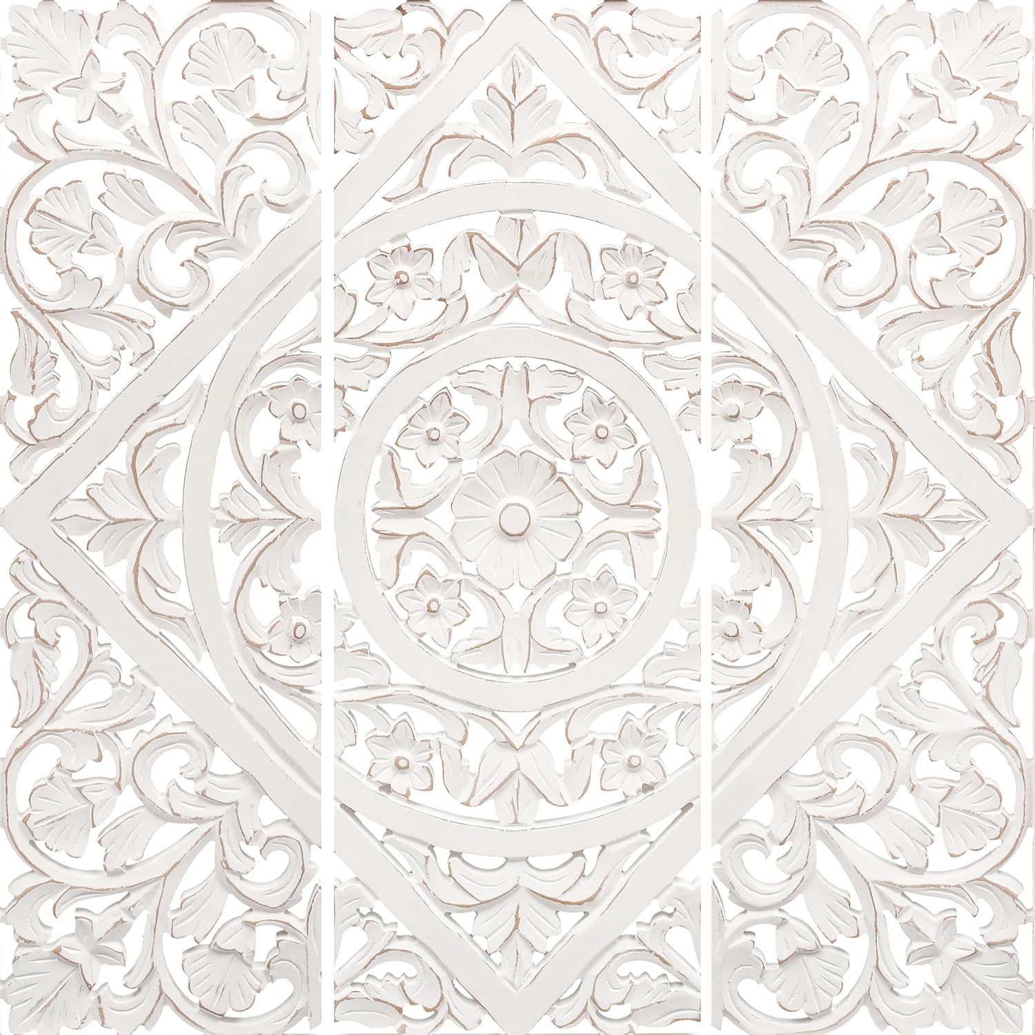 Handmade Carved Wooden Wall Hanging Plaques Set of 3 - Large Size 36x12 Inch Elegant Floral Design Decorative Wall Hanging Panel for Farmhouse Living Room Bedroom Home Office - White Antique